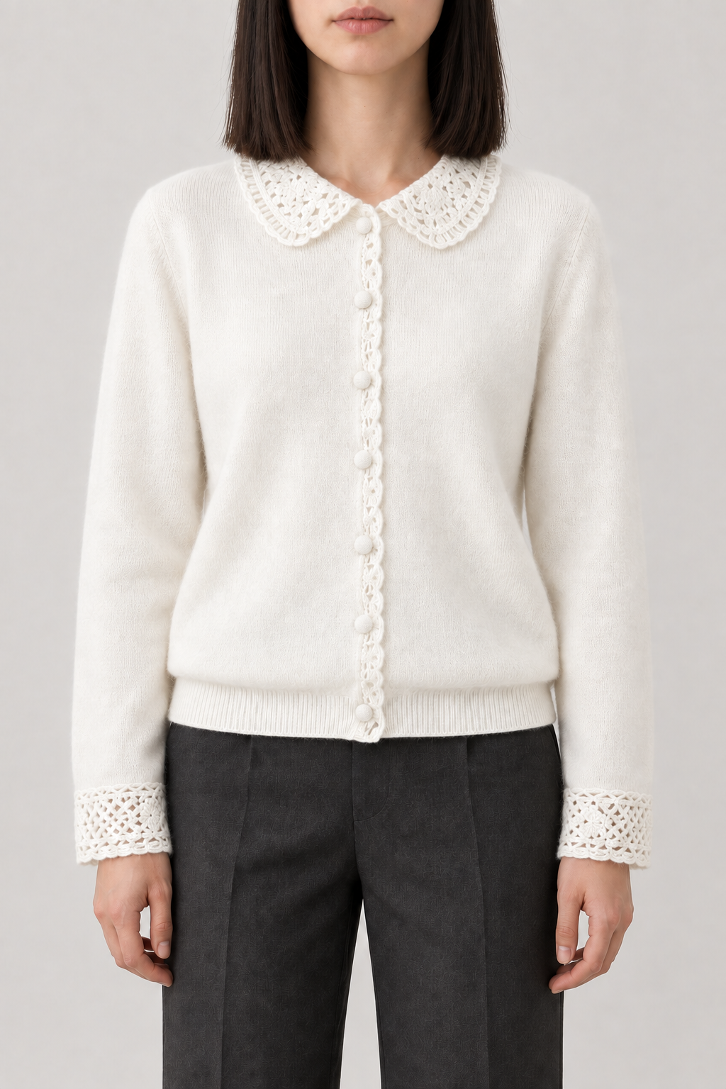 Cashmere Lace-Trim Cardigan, Soft White, front