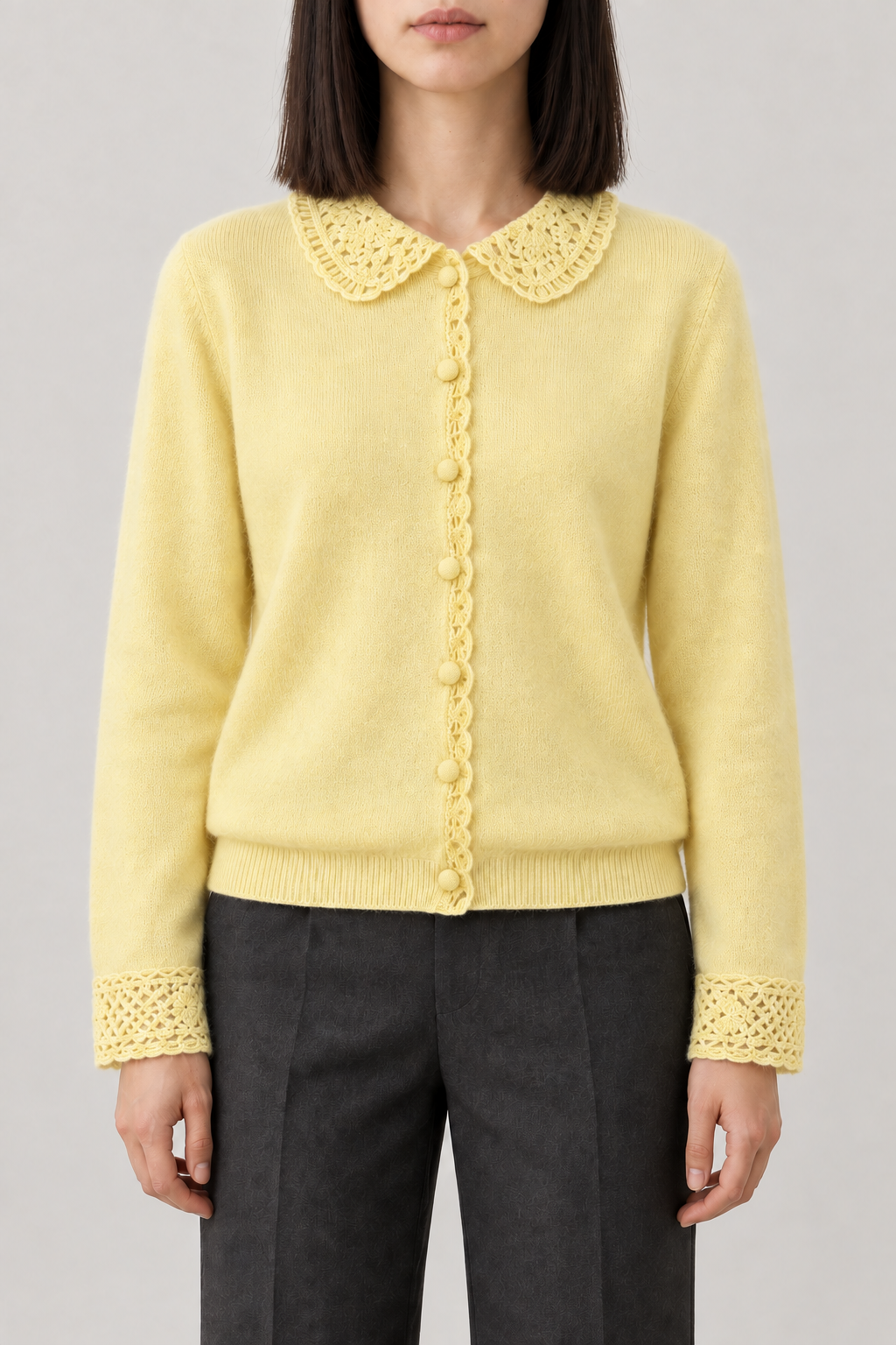 Cashmere Lace-Trim Cardigan, Butter Yellow, front
