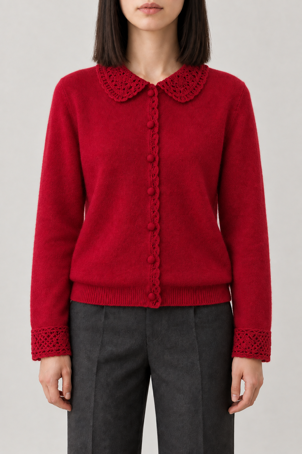 Cashmere Lace-Trim Cardigan, Cherry Red, front