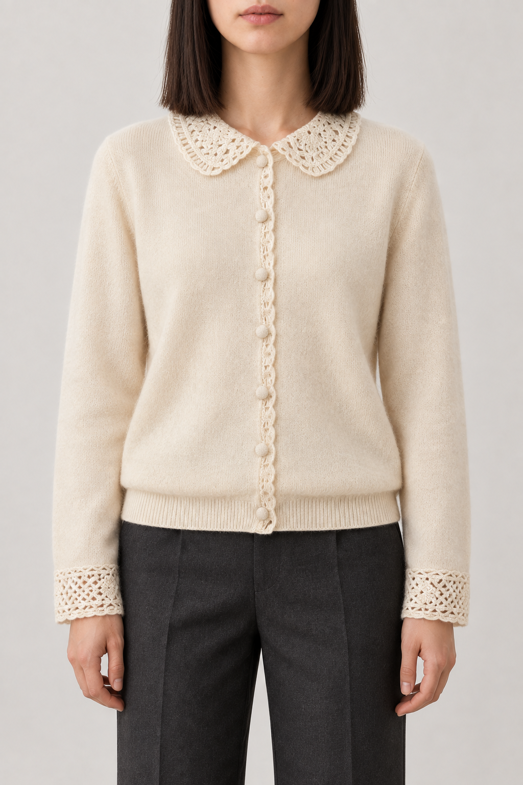 Cashmere Lace-Trim Cardigan, Cream Beige, front