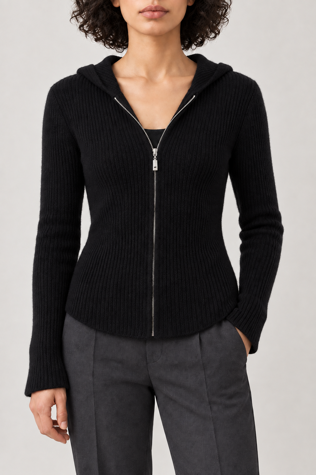 Merino Fitted Zip Hoodie, Black, front