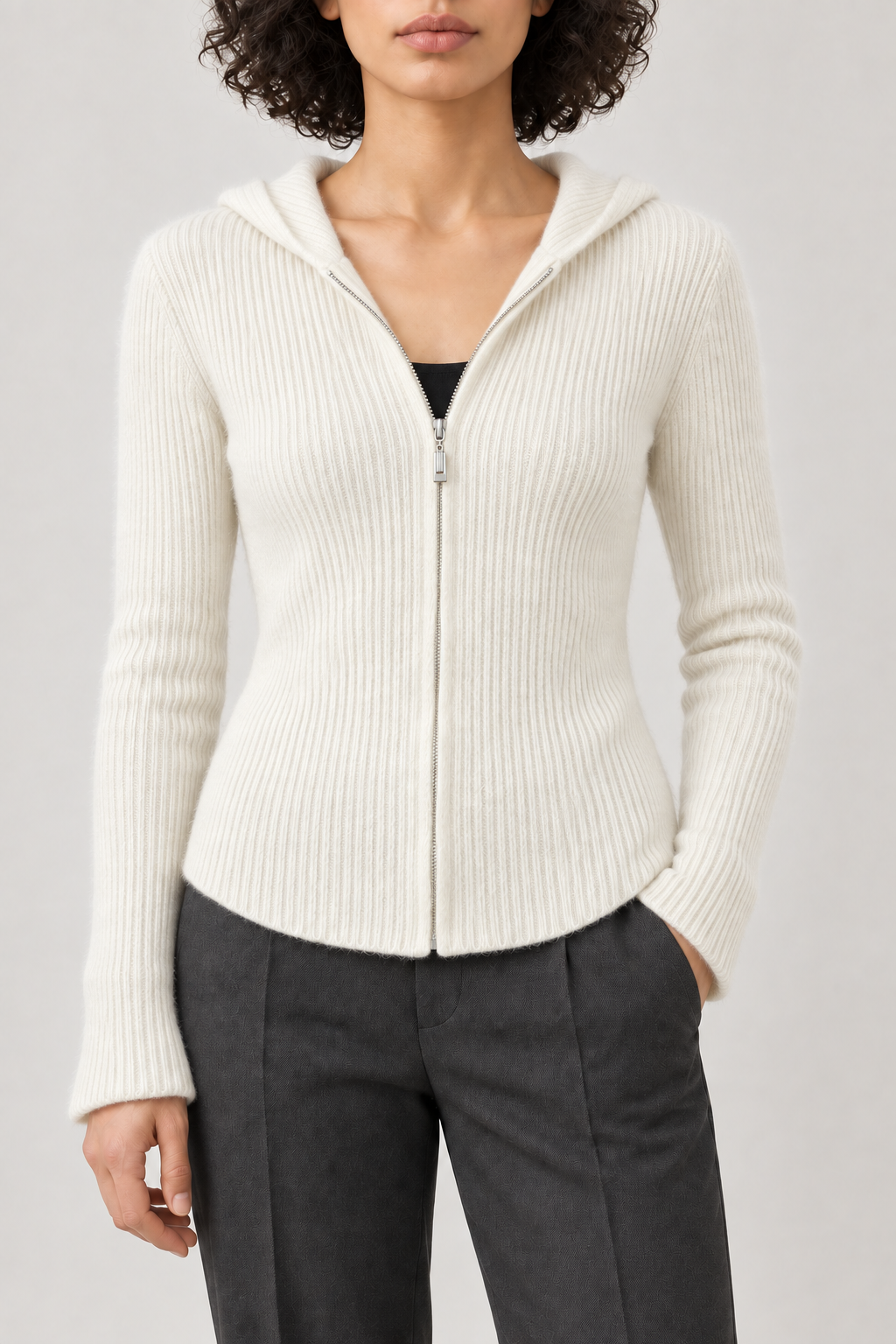 Merino Fitted Zip Hoodie, Ivory, front