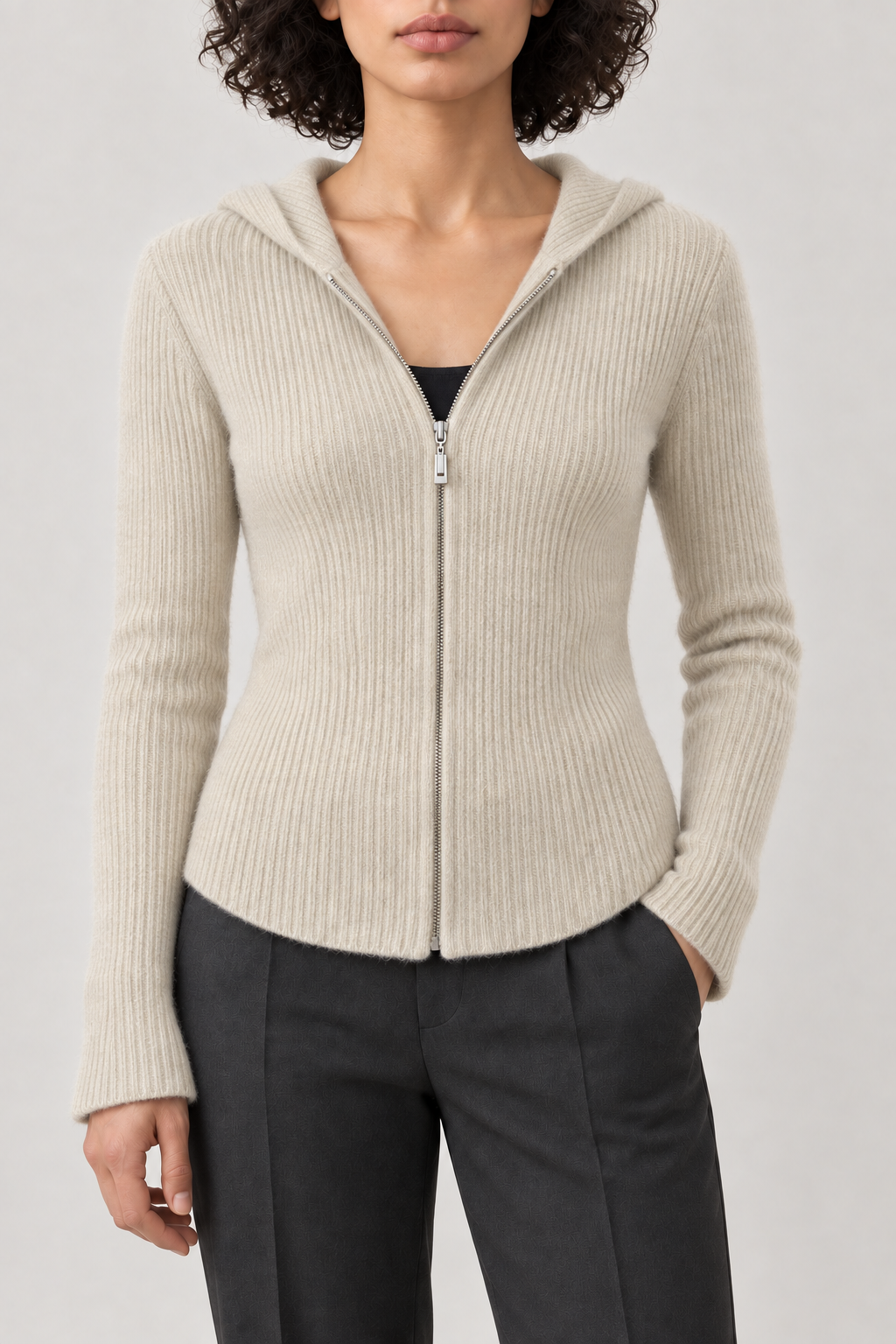 Merino Fitted Zip Hoodie, Oat Beige, front