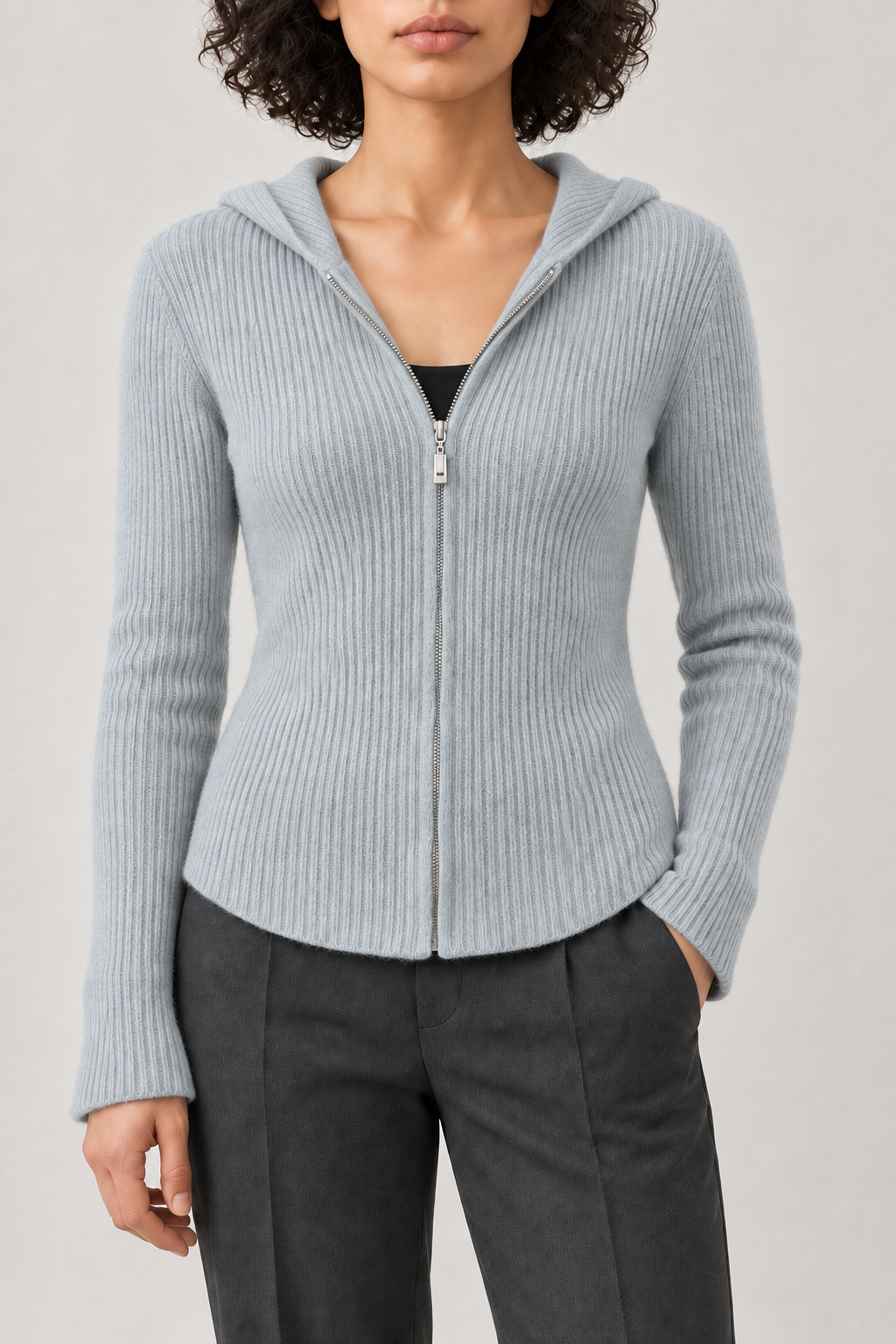 Merino Fitted Zip Hoodie, Blue Grey, front