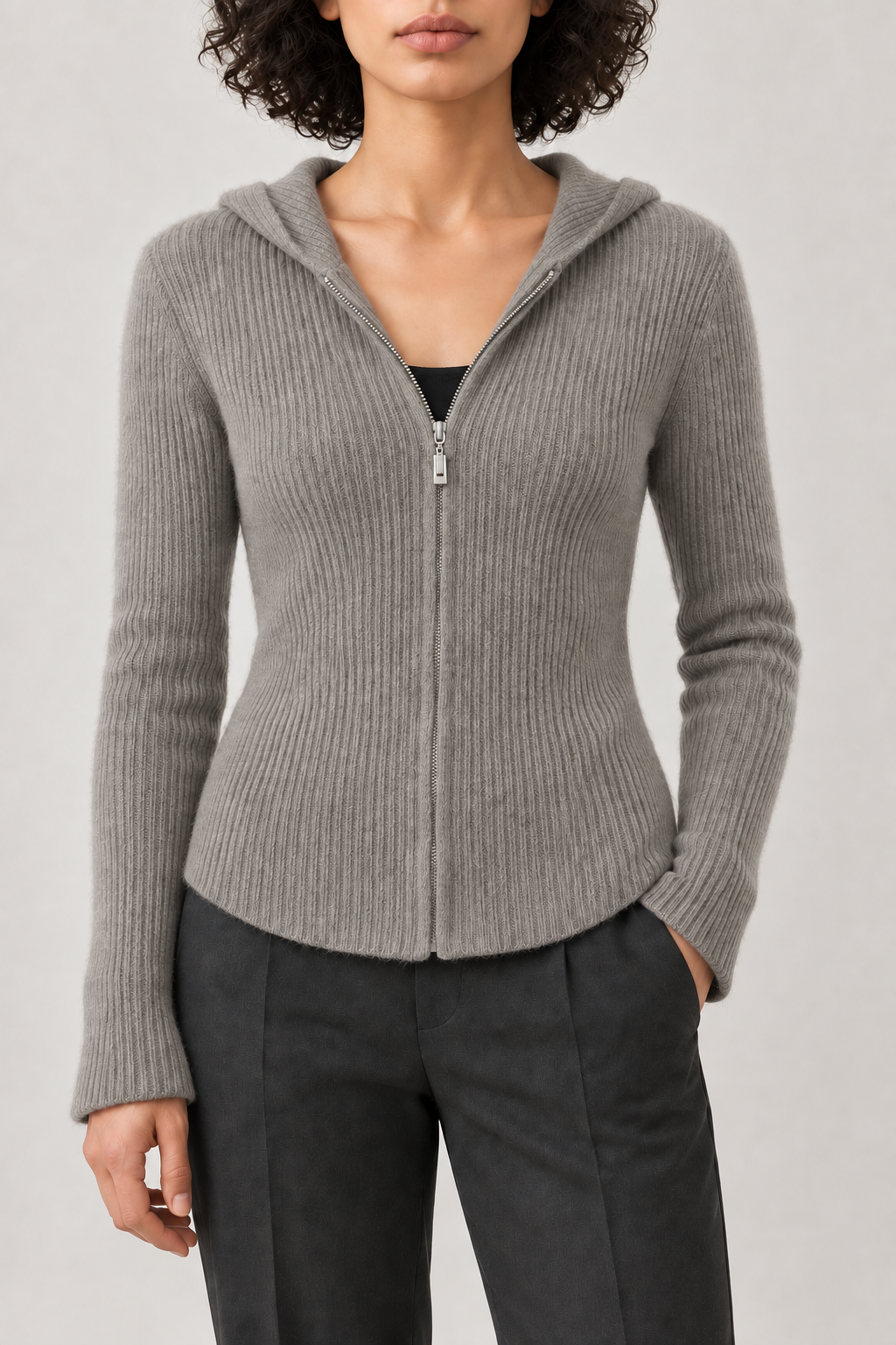 Merino Fitted Zip Hoodie, Taupe Grey, front