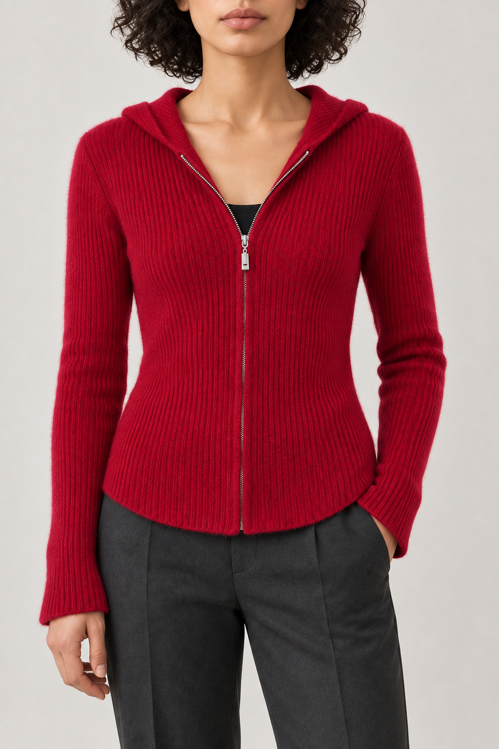 Merino Fitted Zip Hoodie, Cherry Red, front