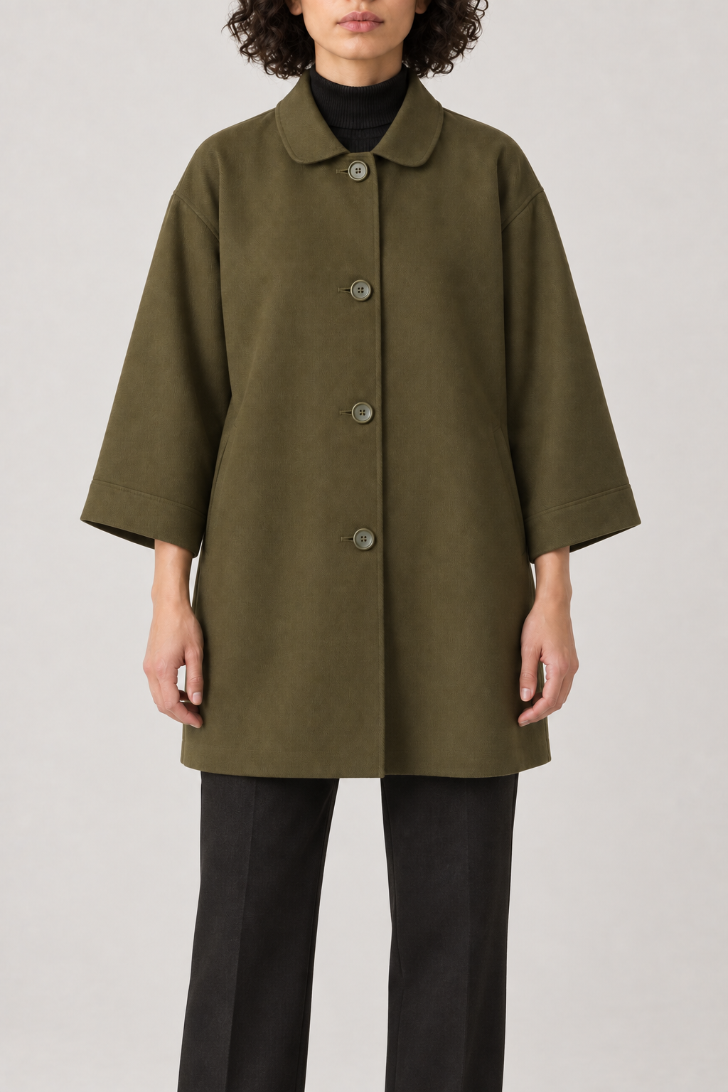 Stand-Collar Swing Coat, Forest olive, front