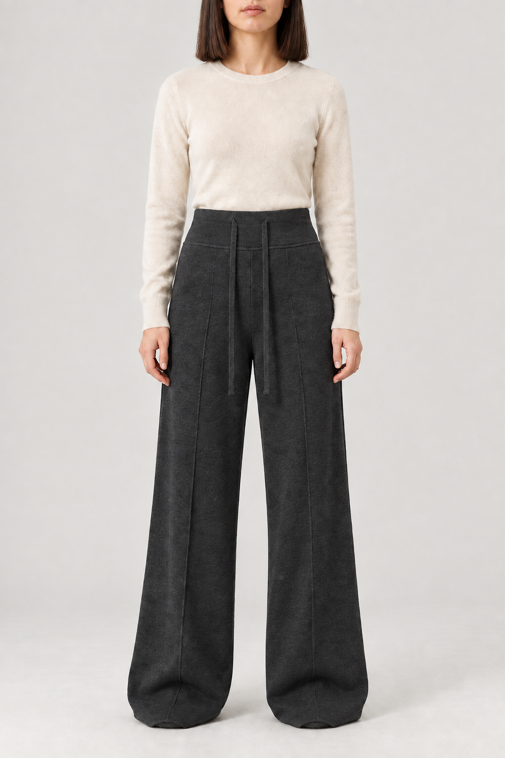 Merino Drape Wide-Leg Trousers, Charcoal, front