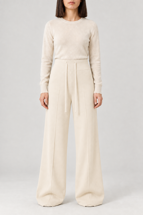 Merino Drape Wide-Leg Trousers, Apricot, front