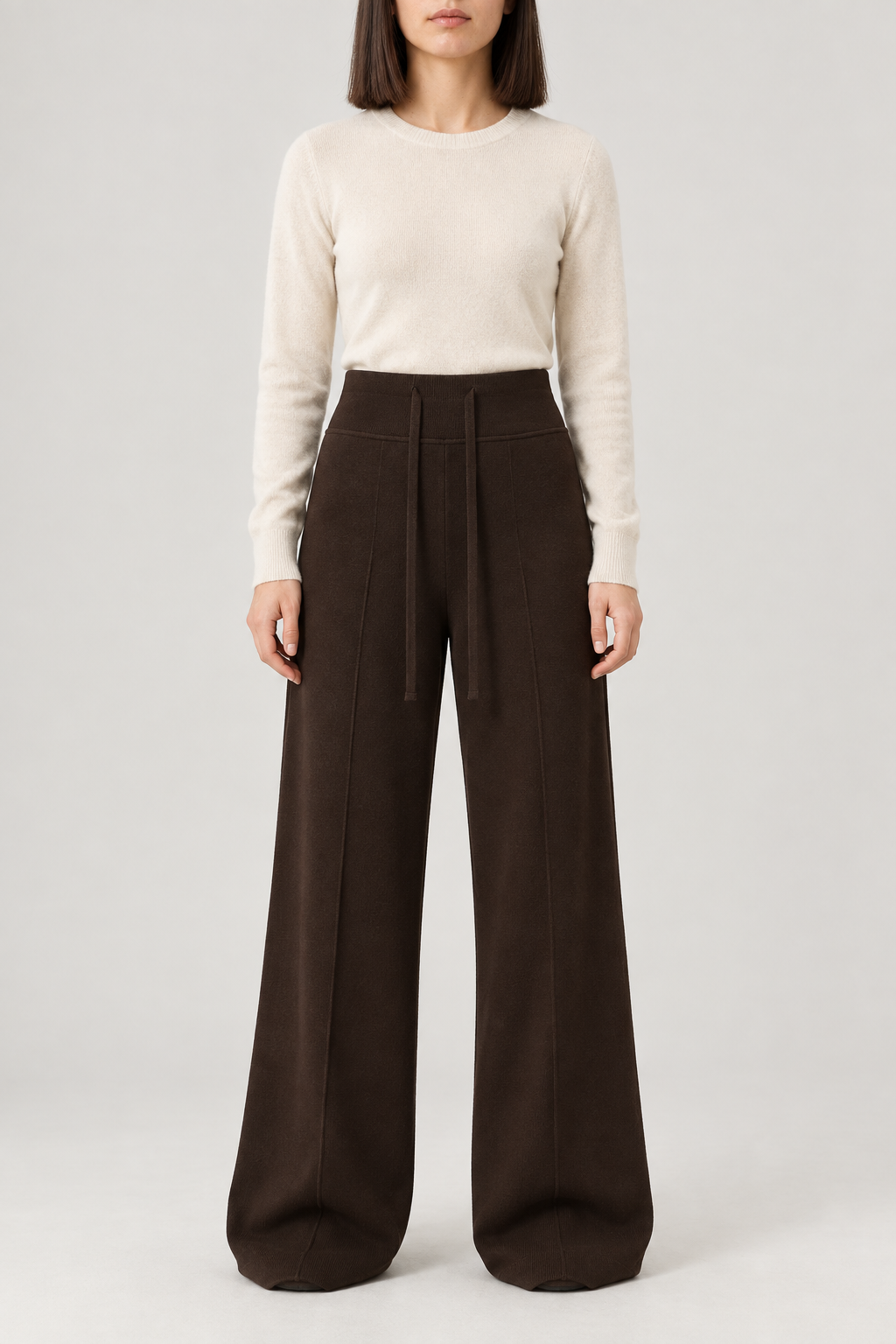Merino Drape Wide-Leg Trousers, Brown, front