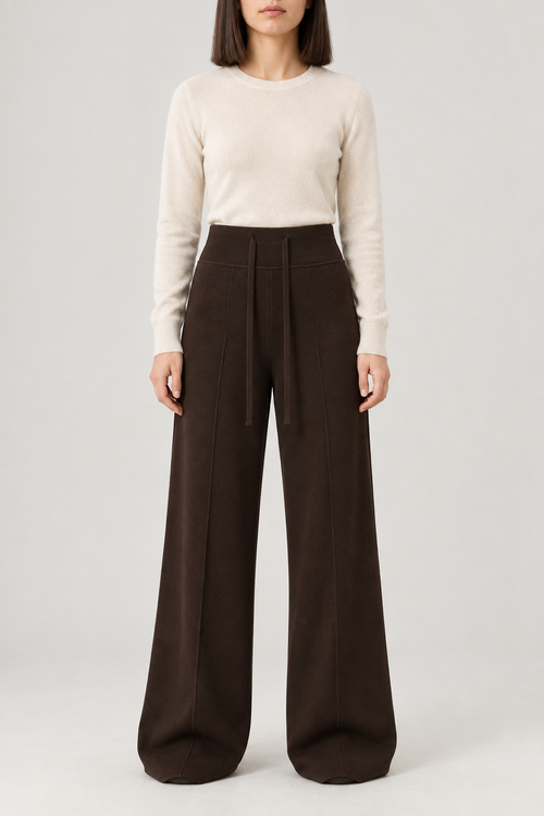 Merino Drape Wide-Leg Trousers, Brown, front