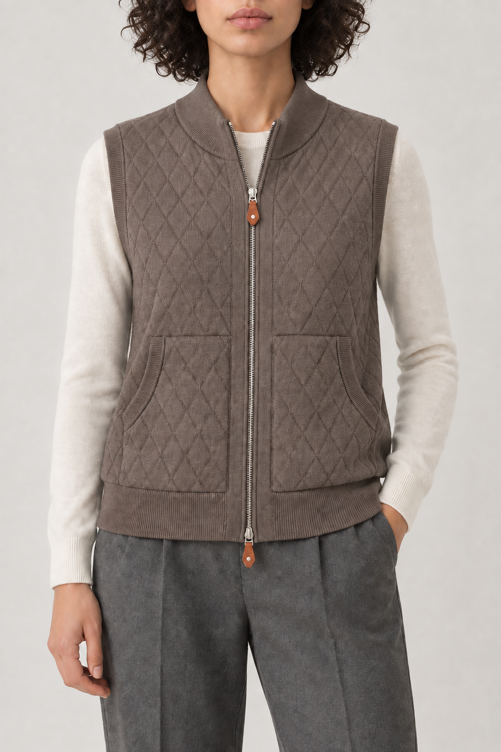 Diamond-Knit Zip Vest, Cocoa Brown, front