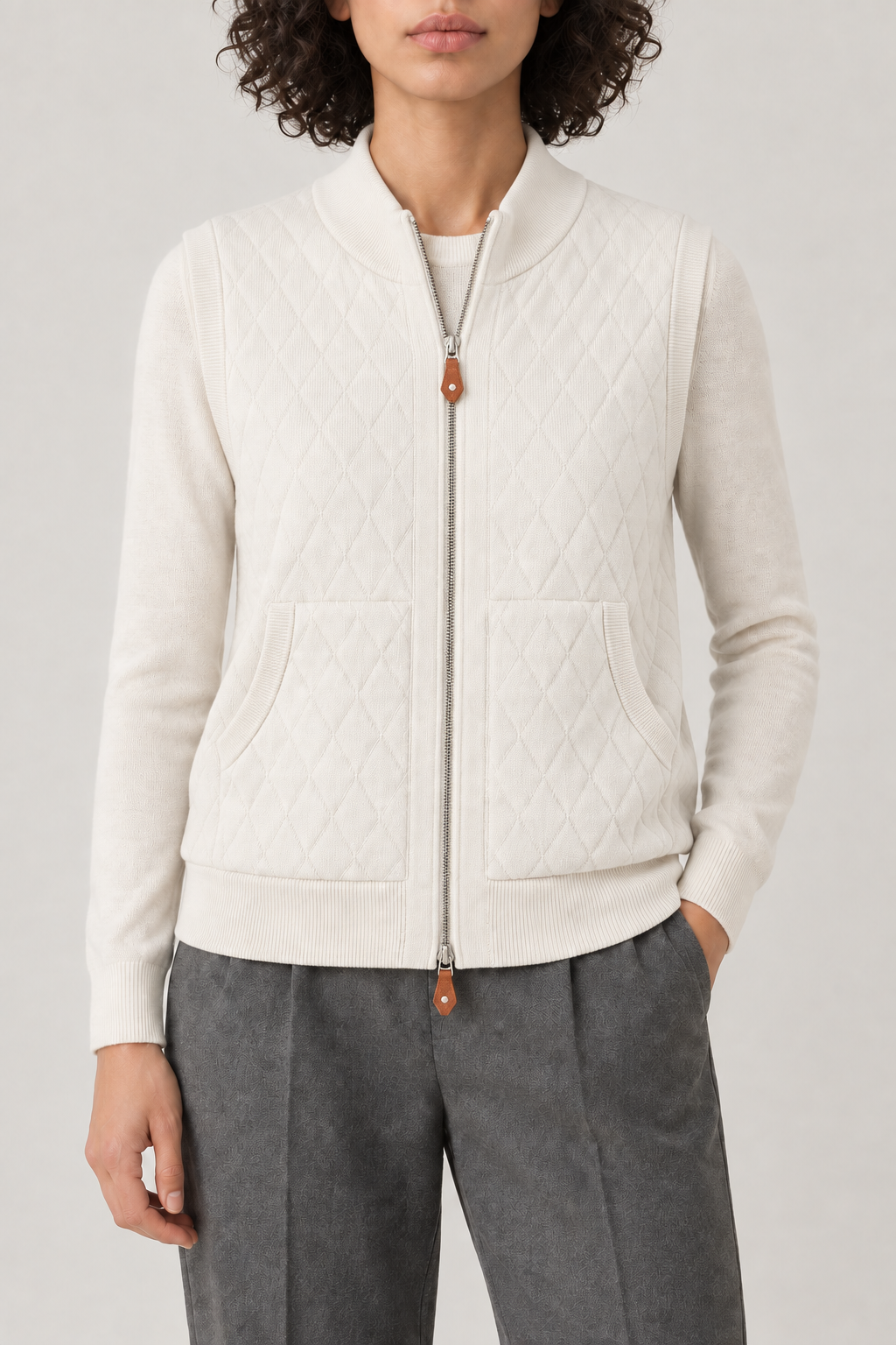 Diamond-Knit Zip Vest, Cloud White, front