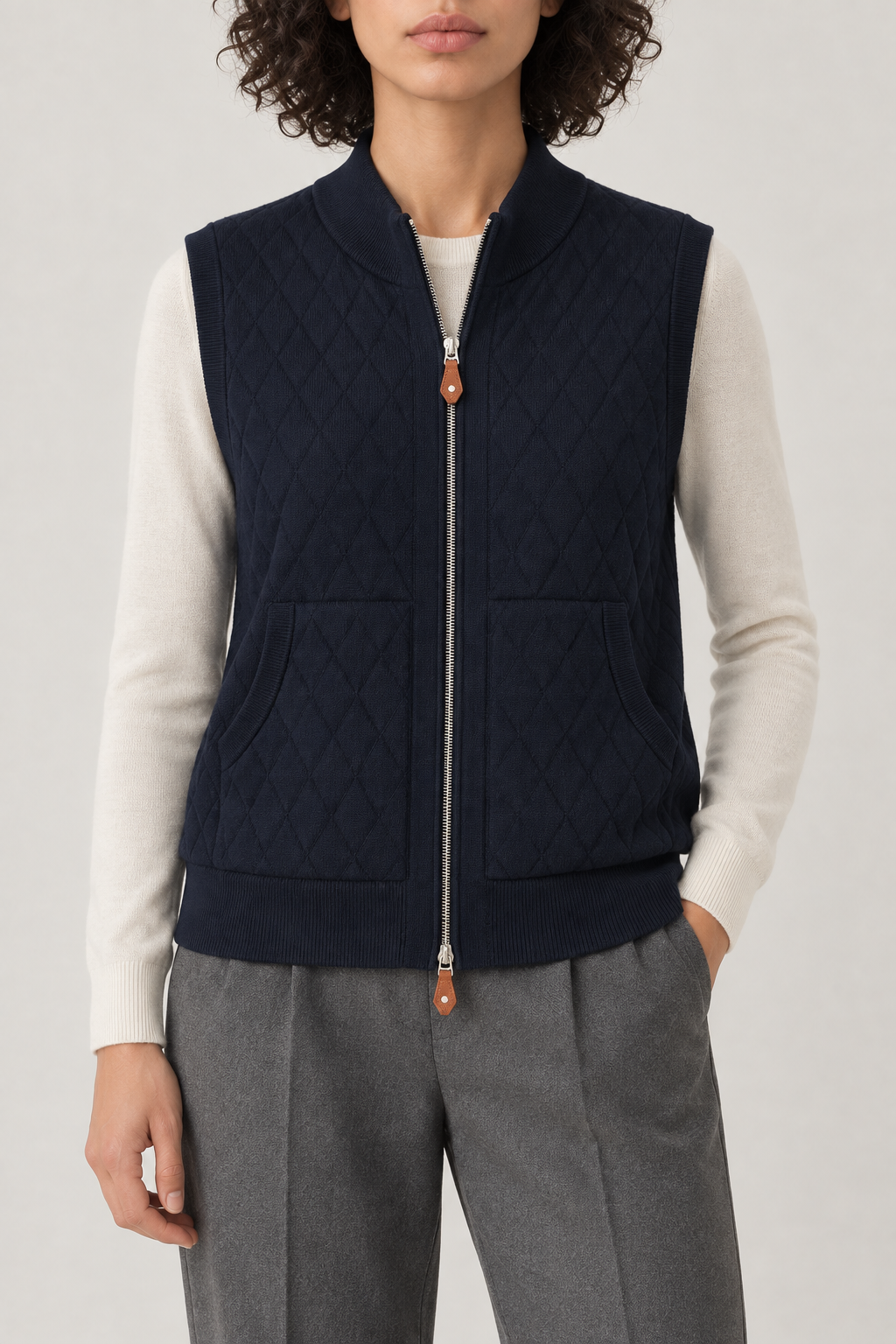 Diamond-Knit Zip Vest, Navy, front