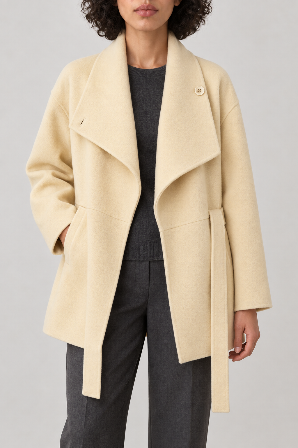 Cashmere Waterfall-Lapel Coat, Butter Yellow, front