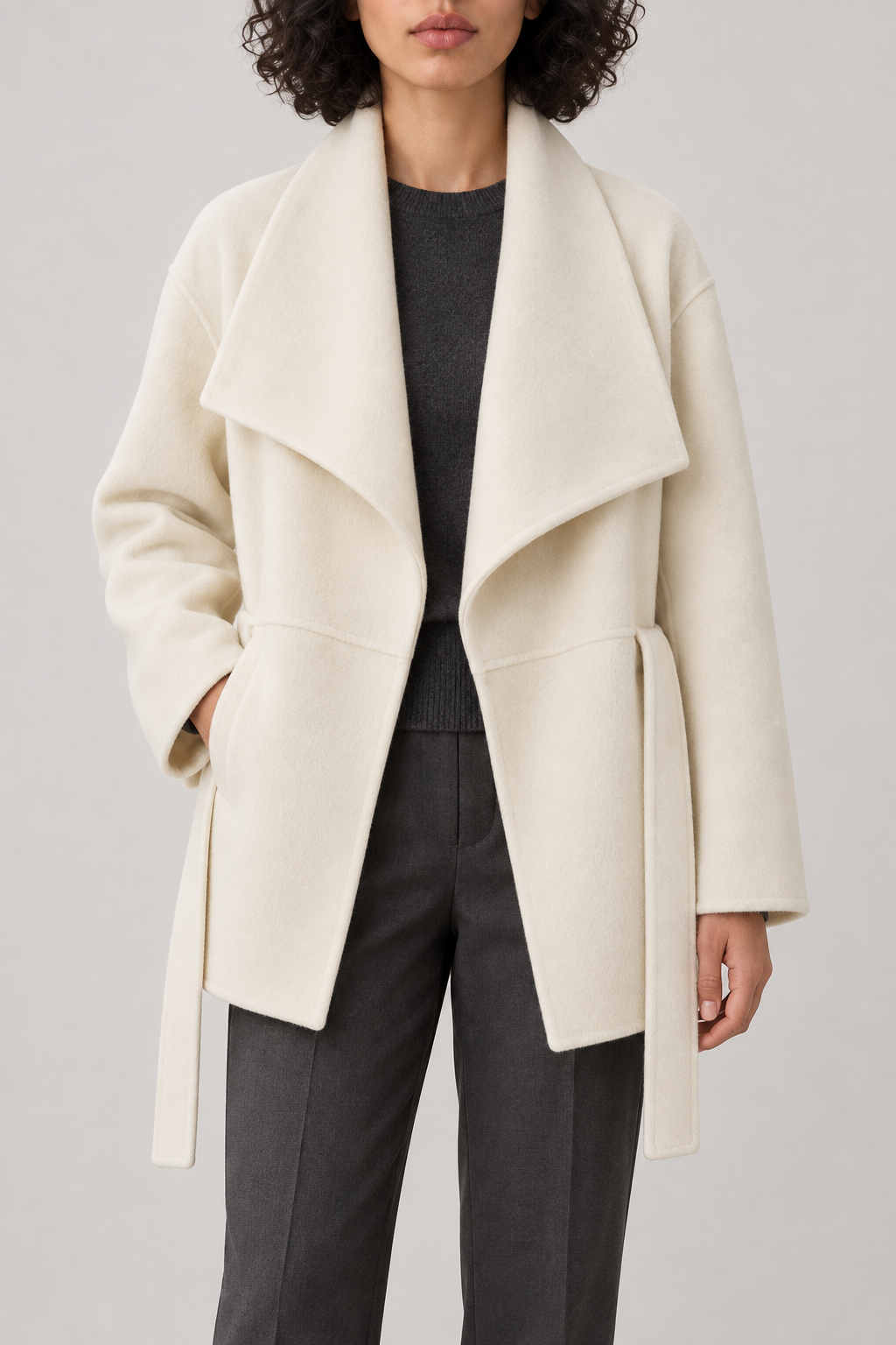 Cashmere Waterfall-Lapel Coat, Ivory, front