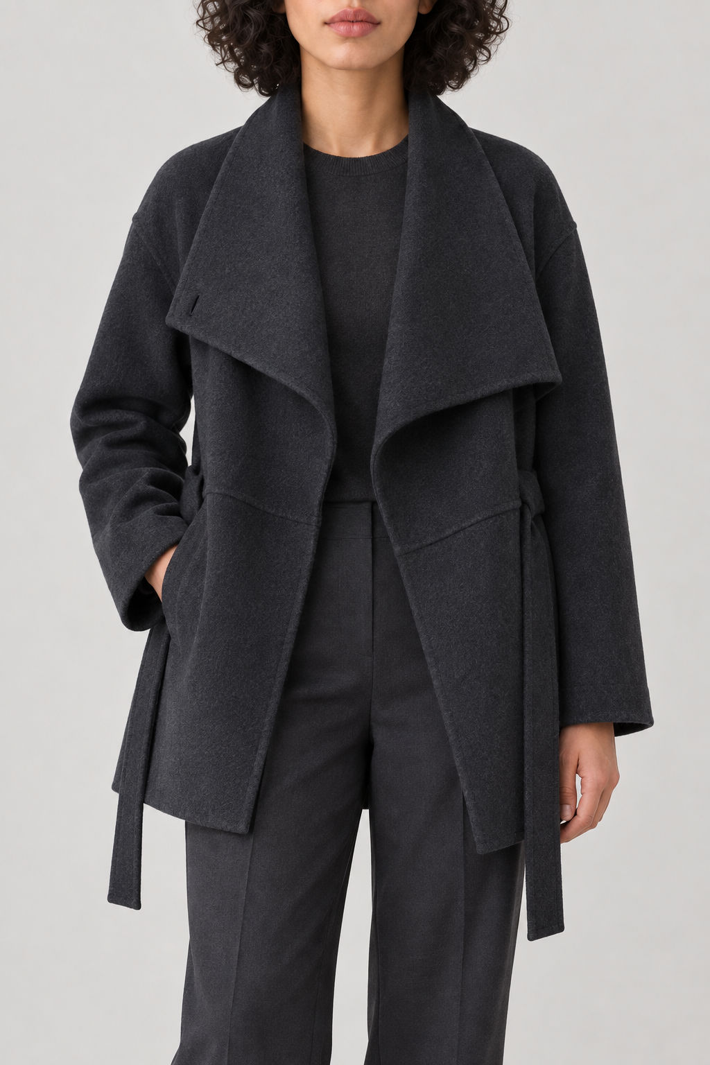 Cashmere Waterfall-Lapel Coat, Charcoal, front