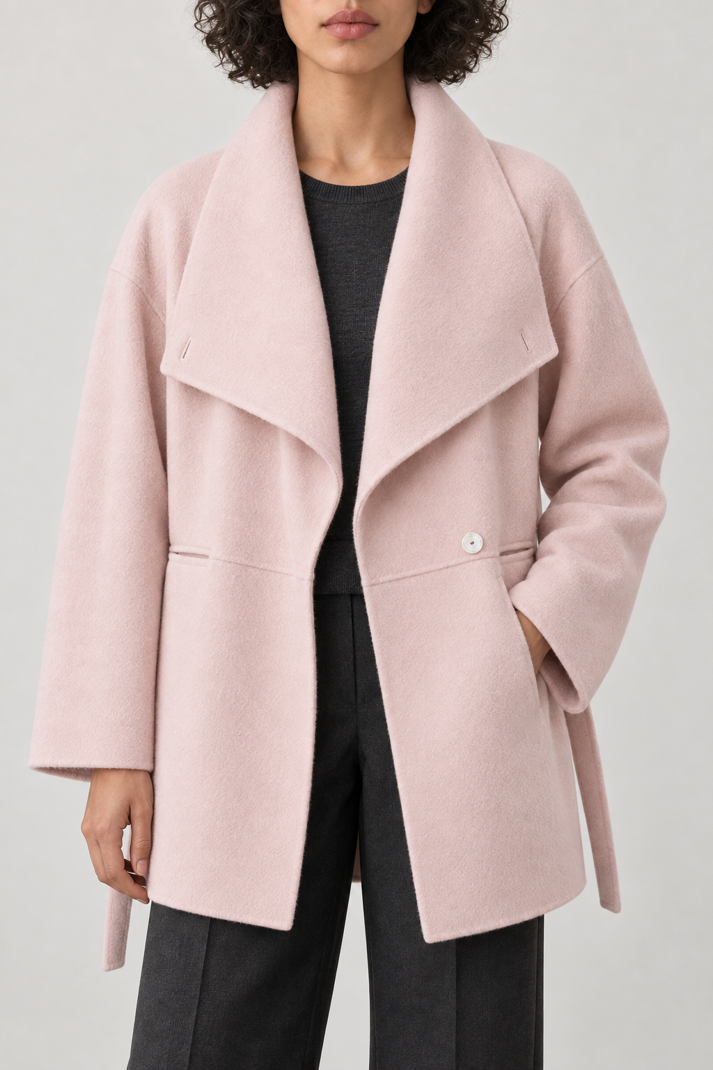 Cashmere Waterfall-Lapel Coat, Blush Pink, front