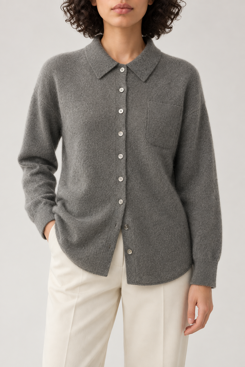 Cashmere Chest-Pocket Shirt, Elephant Grey, front