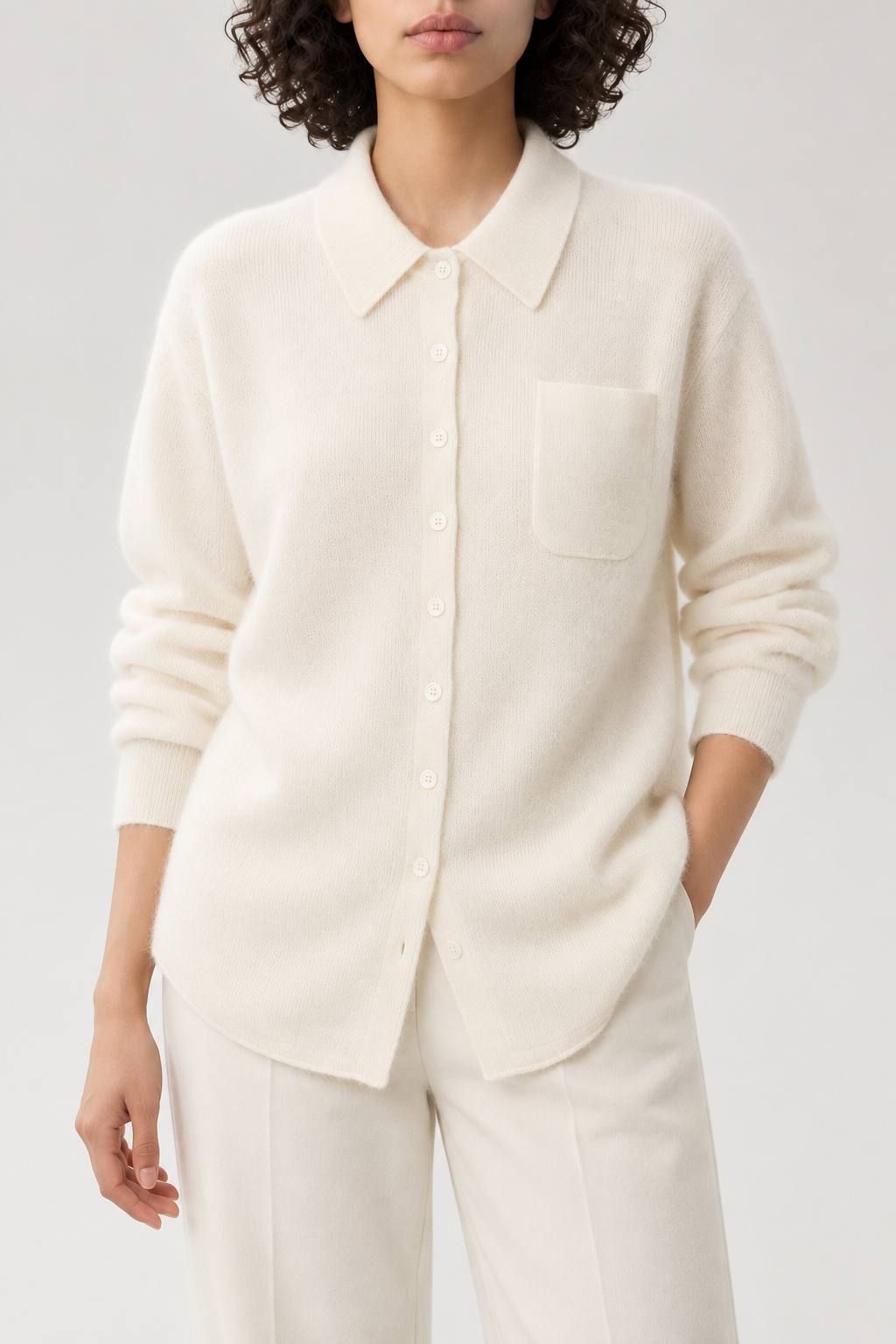 Cashmere Chest-Pocket Shirt, Soft Ivory, front