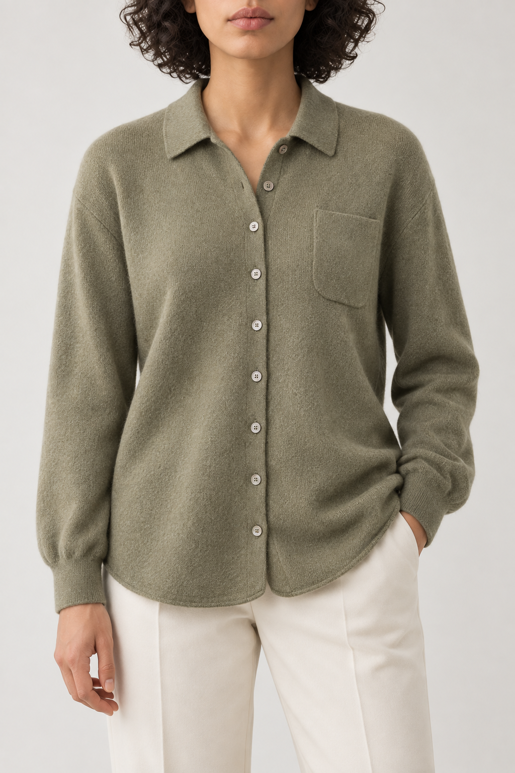 Cashmere Chest-Pocket Shirt, Olive Green, front