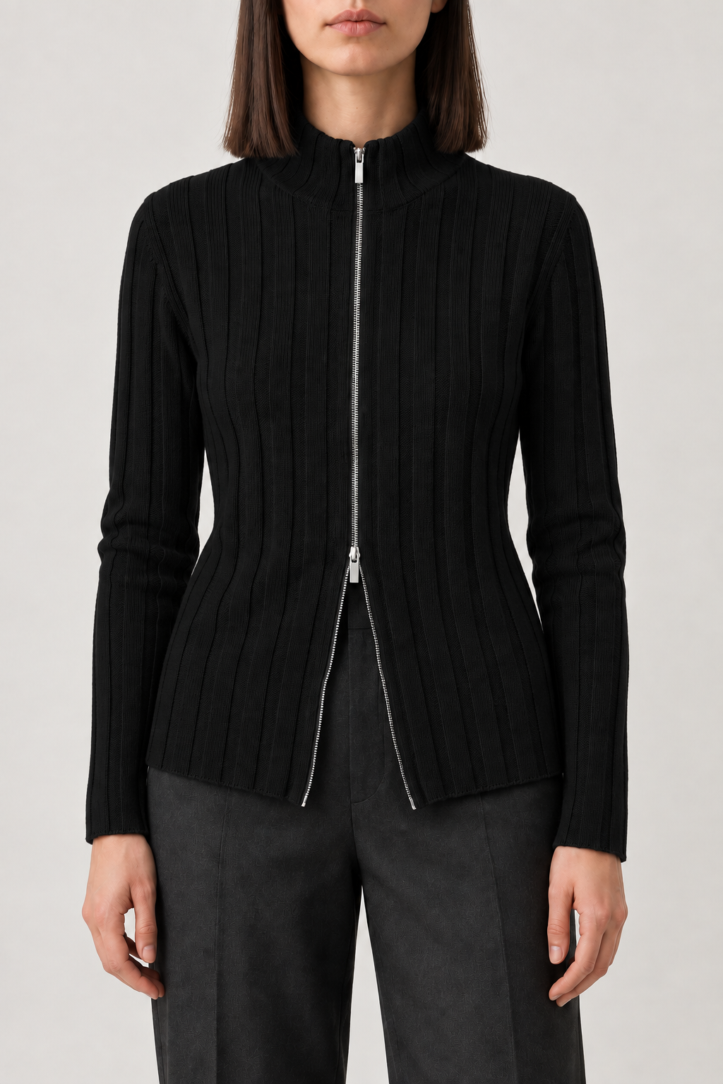 Merino Stand-Collar Zip Jacket, Black, front