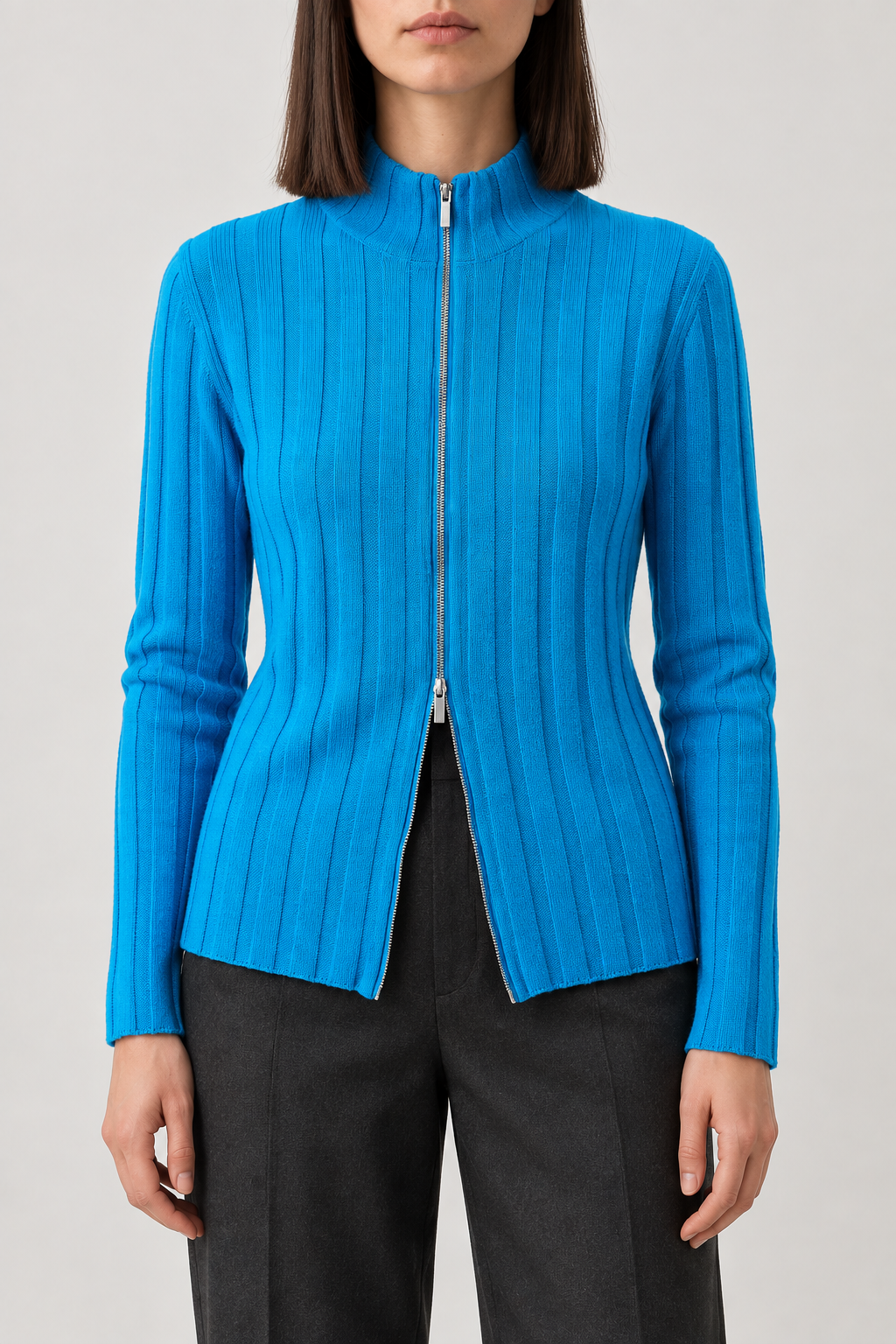 Merino Stand-Collar Zip Jacket, Cyan Blue, front
