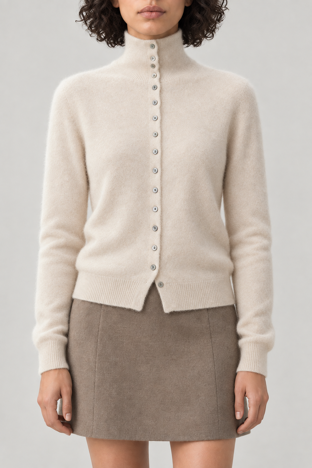 Cashmere Turtleneck Cardigan, Cream Beige, front