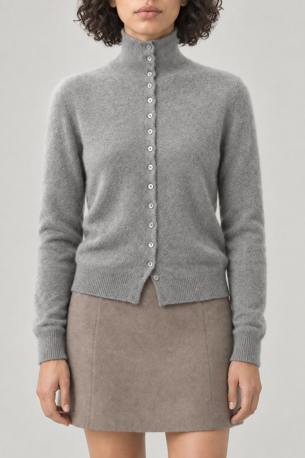 Cashmere Turtleneck Cardigan, Light Grey, front