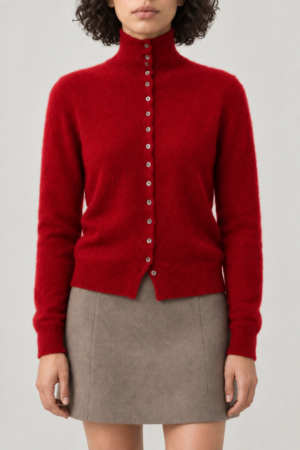 Cashmere Turtleneck Cardigan, Ruby Red, front