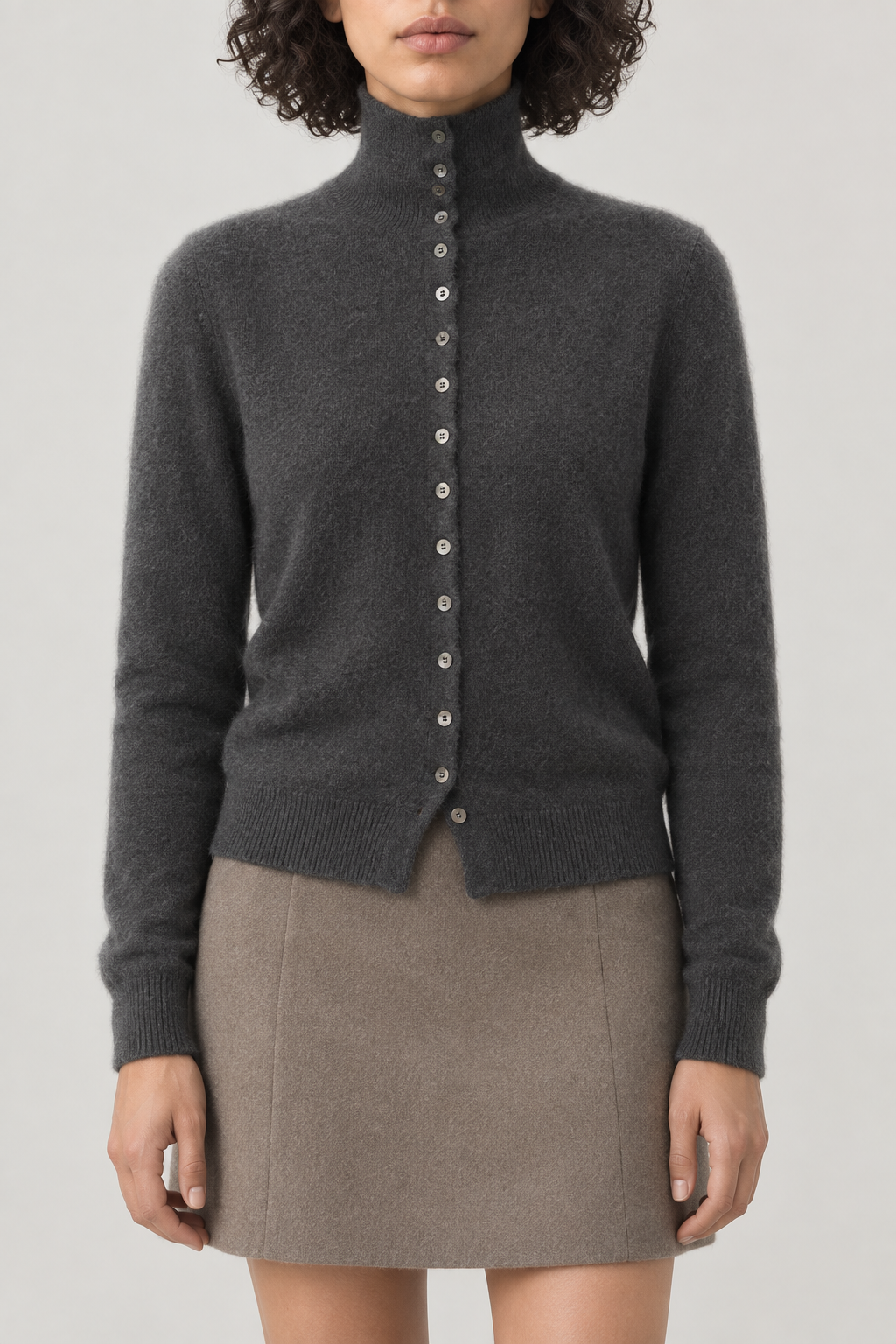 Cashmere Turtleneck Cardigan, Charcoal Grey, front