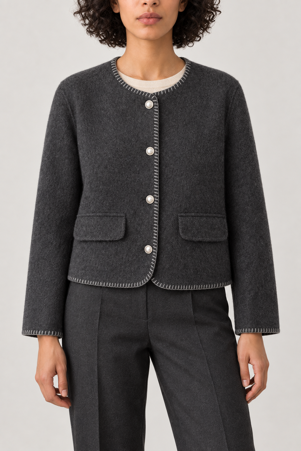 Blanket-Stitch Jacket, Charcoal, front
