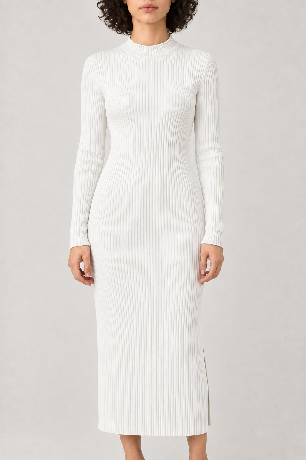 Merino Side-Slit Knit Dress, White, front