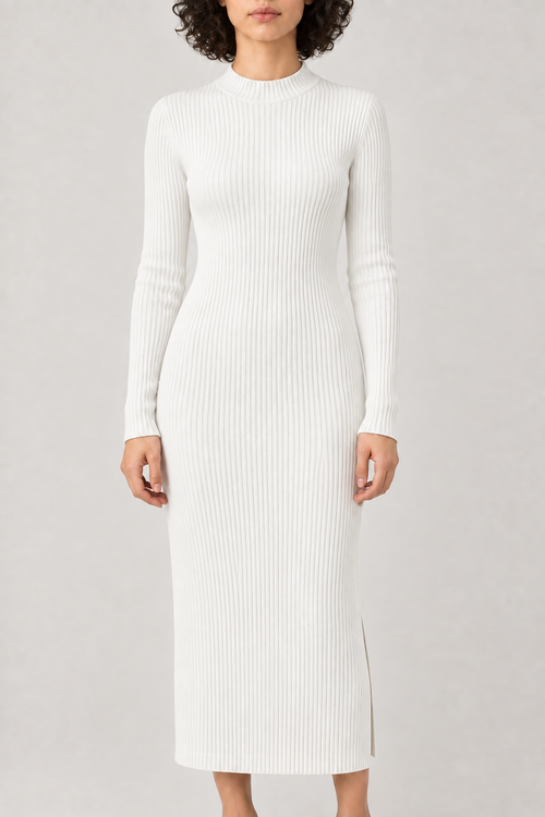 Merino Side-Slit Knit Dress, White, front