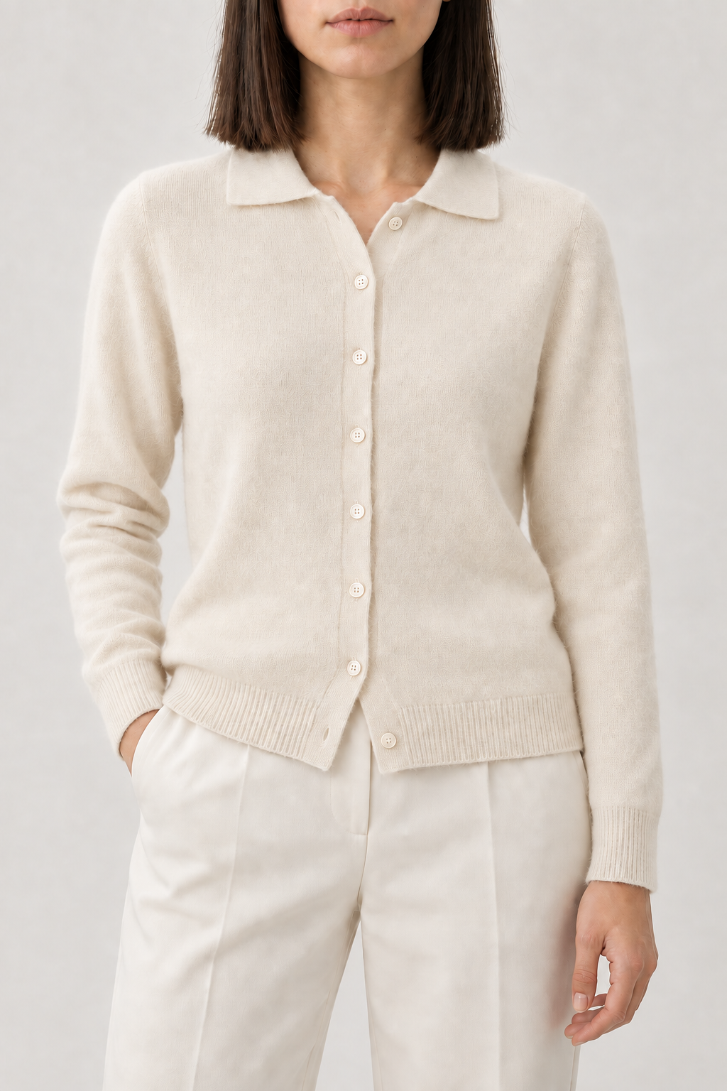 Cashmere Polo Cardigan, Cream, front