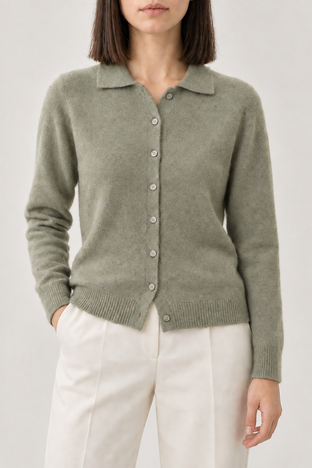 Cashmere Polo Cardigan, Sage, front
