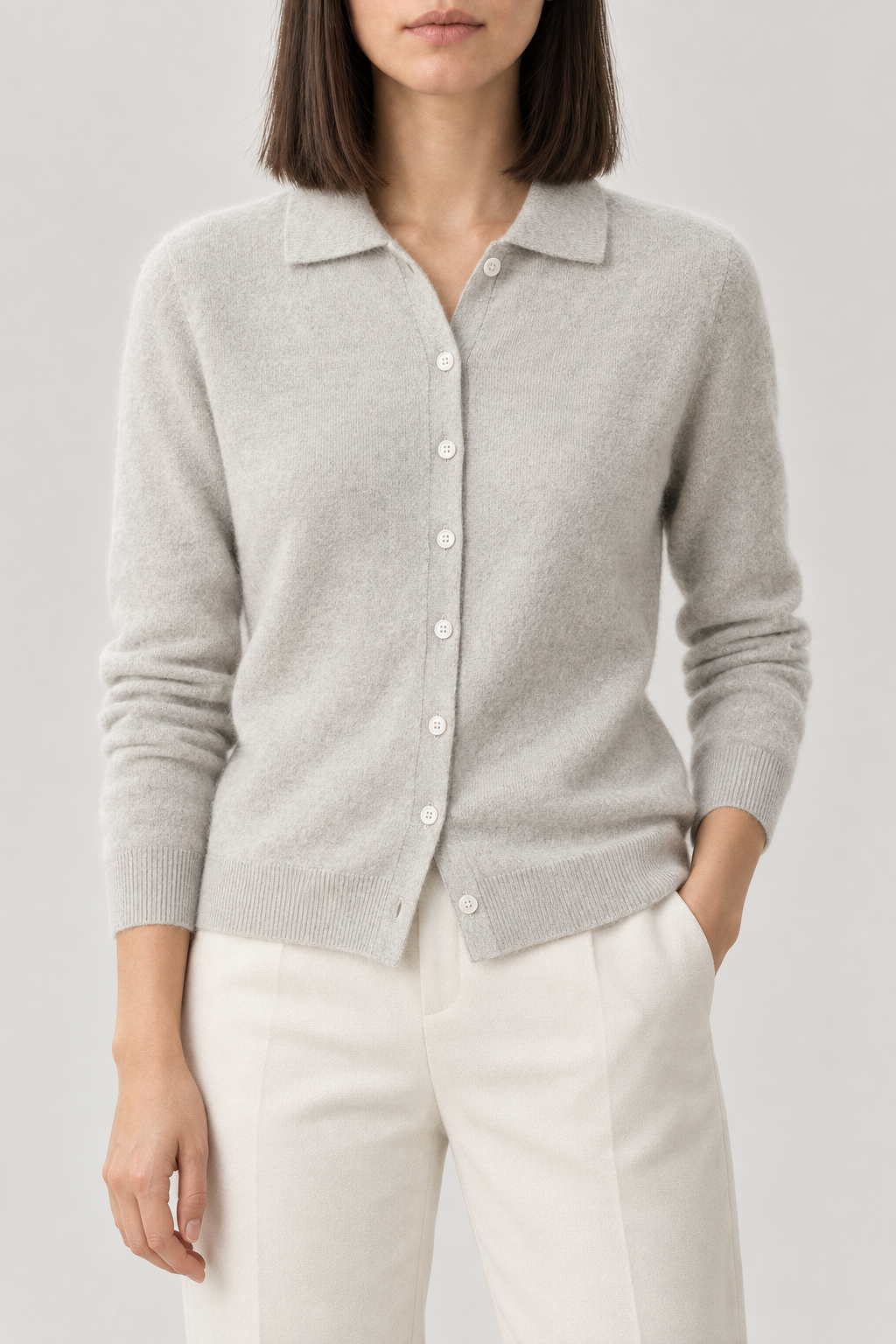 Cashmere Polo Cardigan, Mist Grey, front