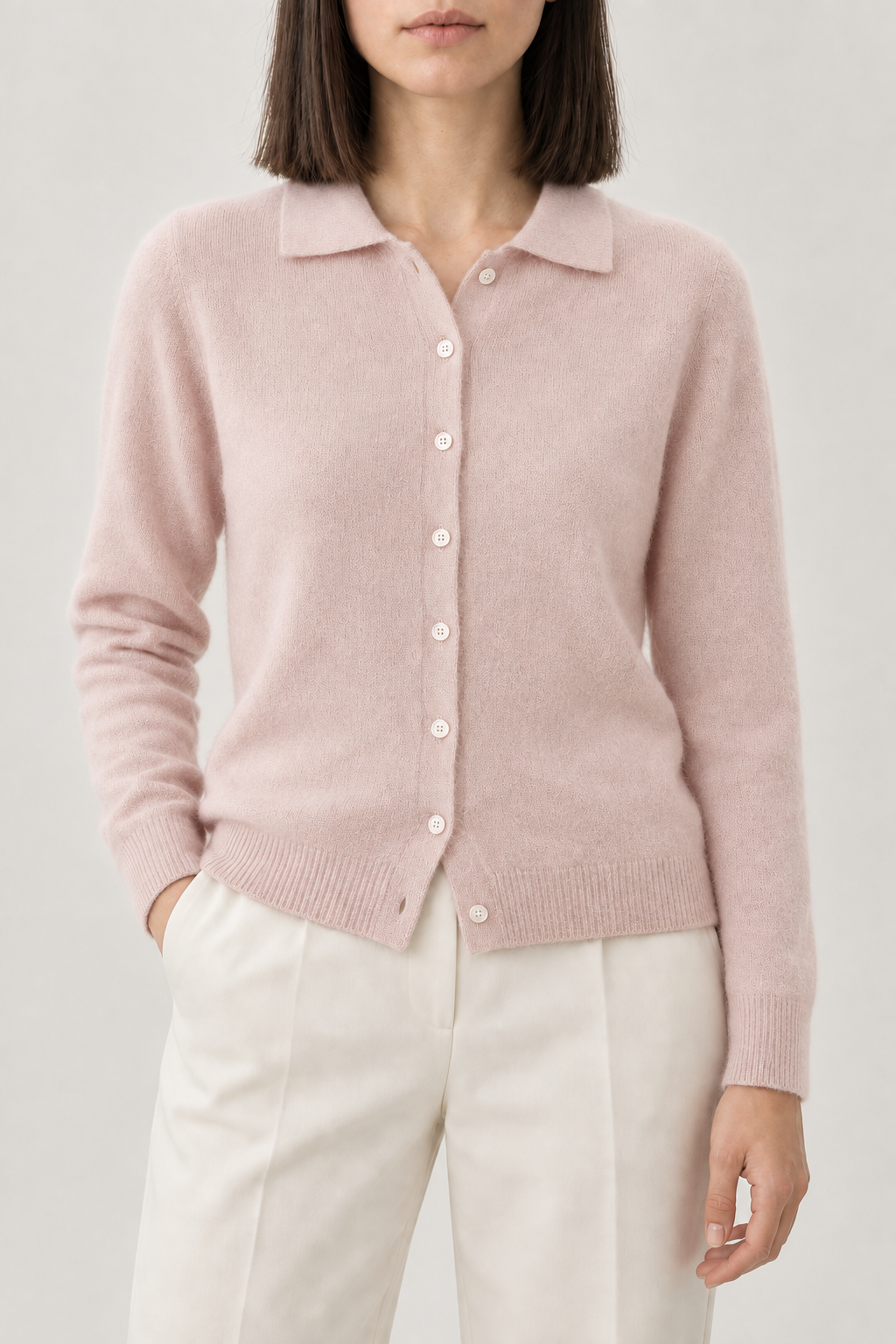 Cashmere Polo Cardigan, Blush Pink, front