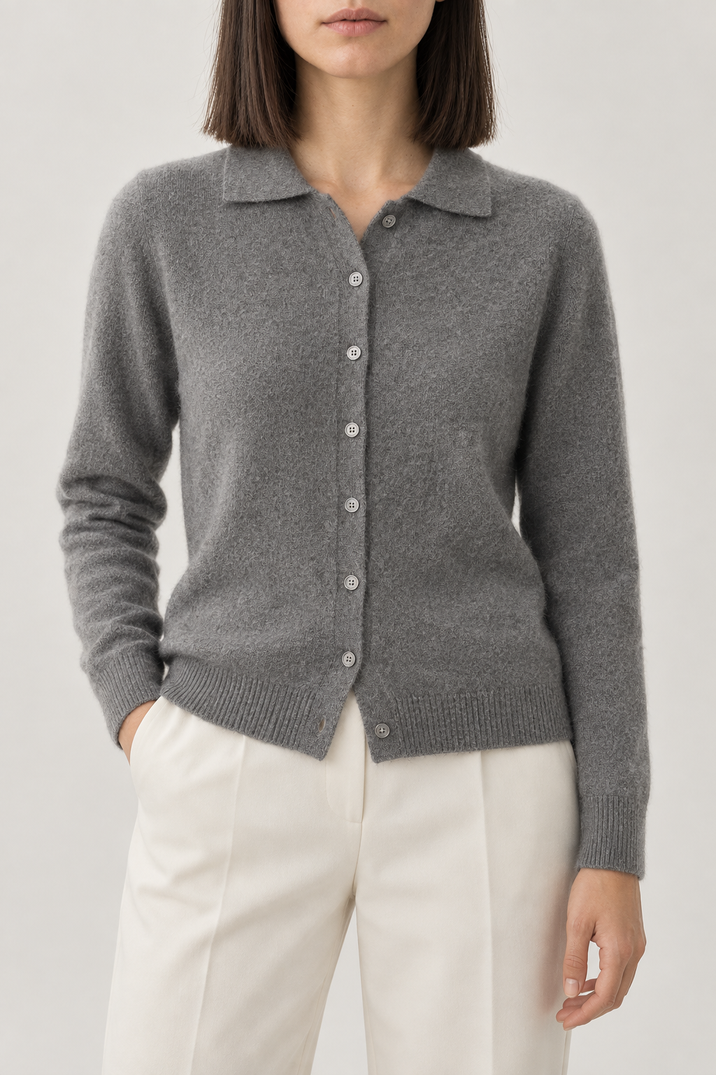Cashmere Polo Cardigan, Elephant Grey, front