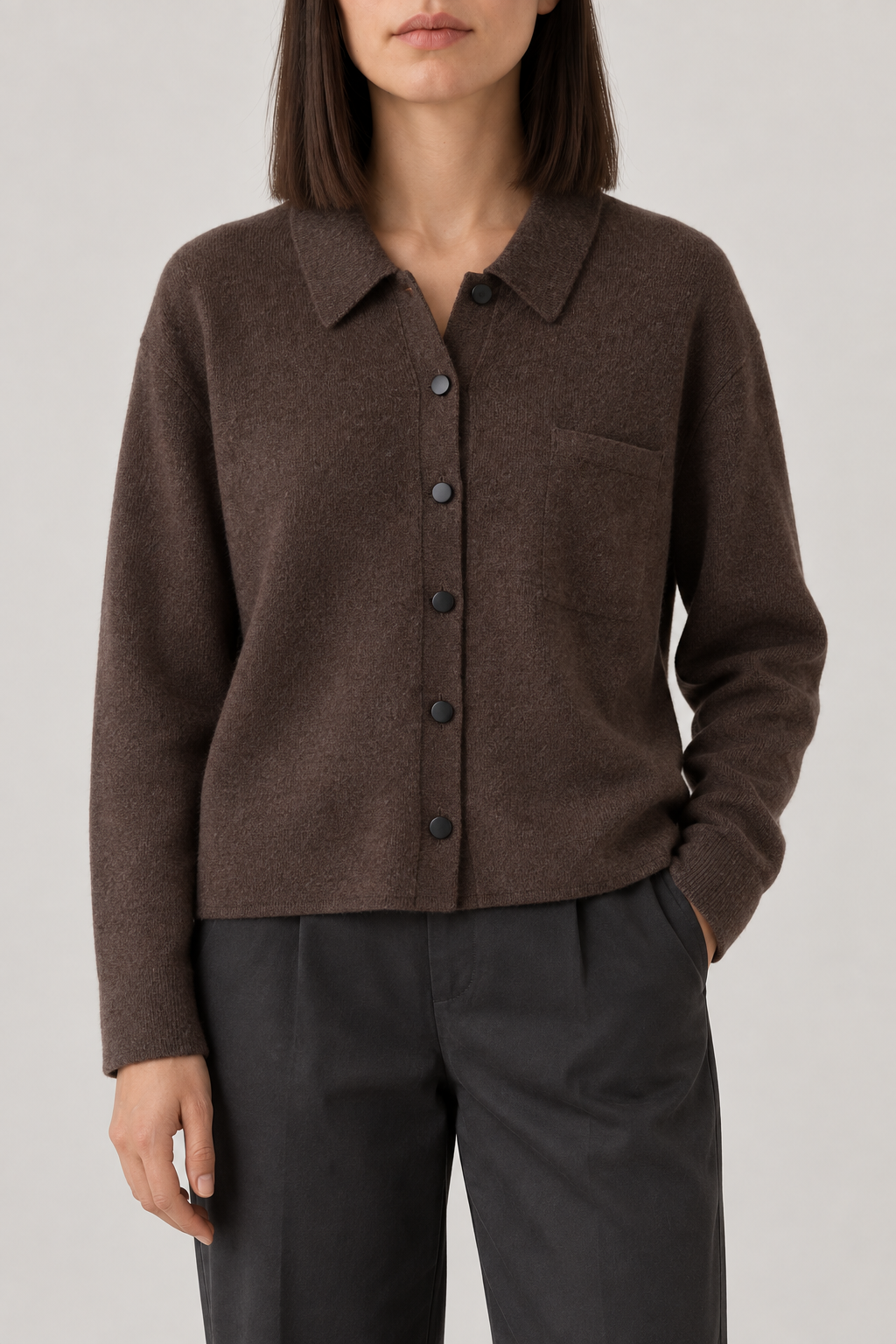 Cashmere Spread-Collar Shirt, Espresso Brown, front