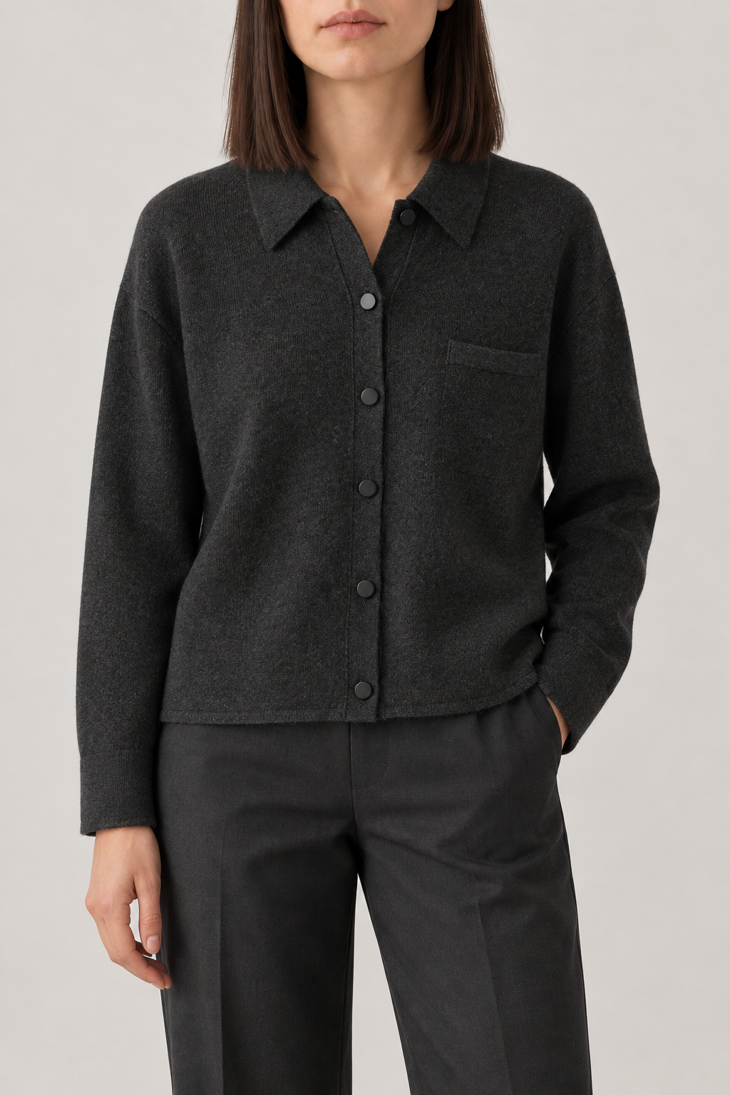 Cashmere Spread-Collar Shirt, Charcoal, front