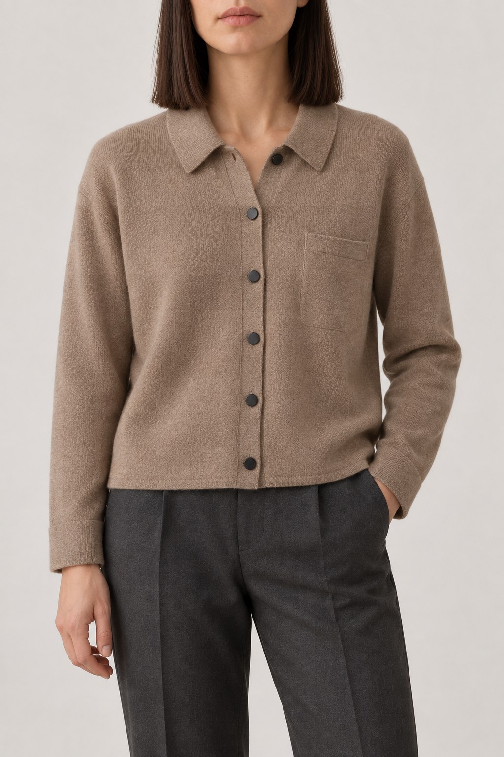 Cashmere Spread-Collar Shirt, Camel, front
