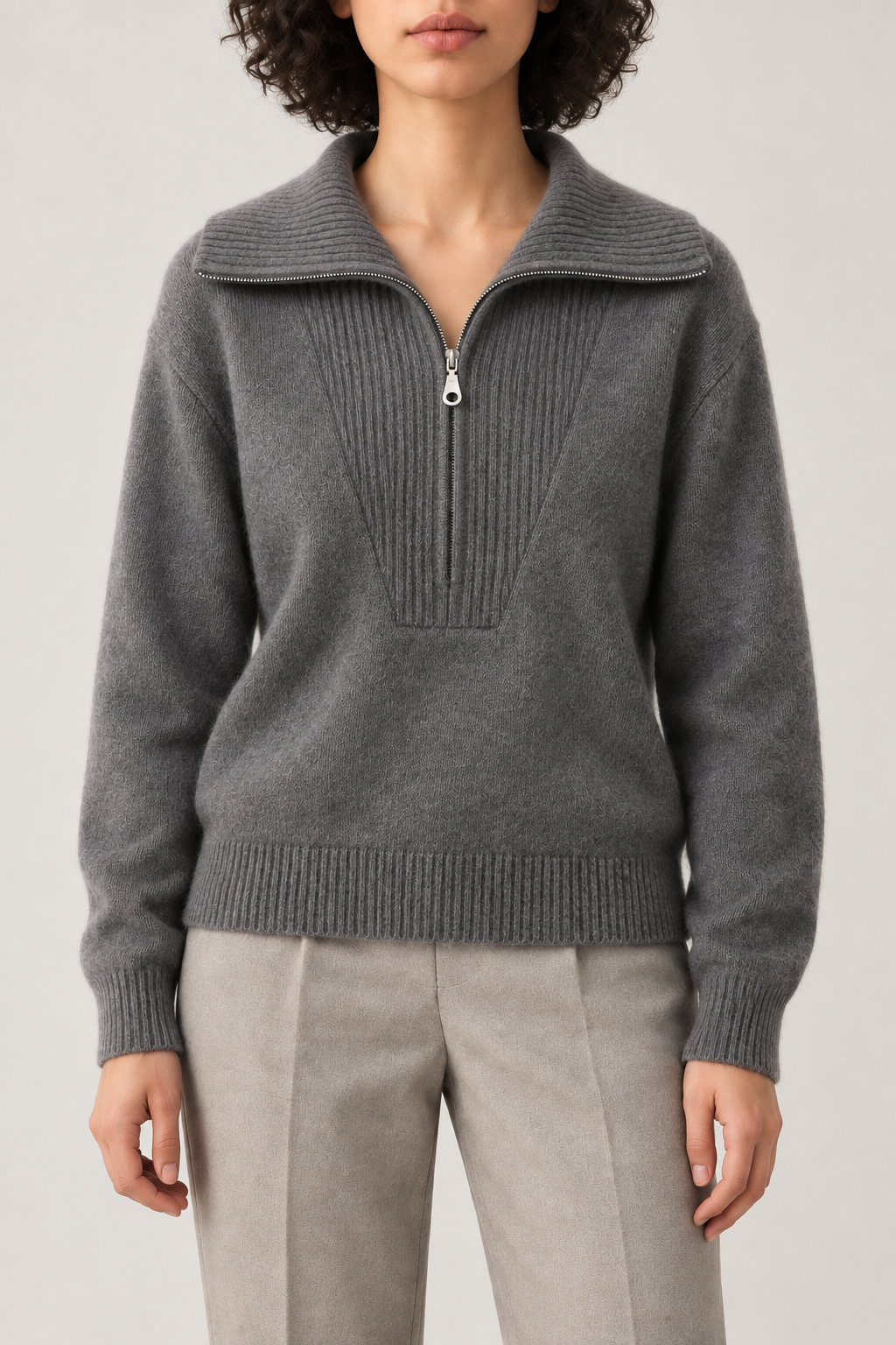 Cashmere Big-Collar Half-Zip Sweater, Slate Grey, front