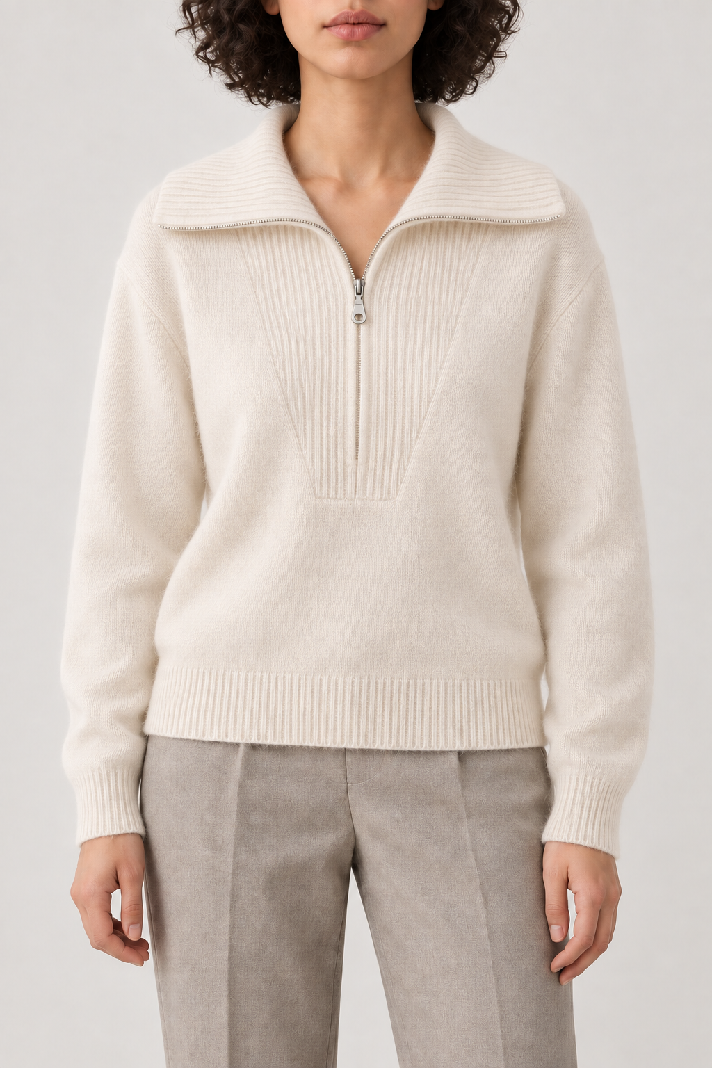 Cashmere Big-Collar Half-Zip Sweater, Ivory, front