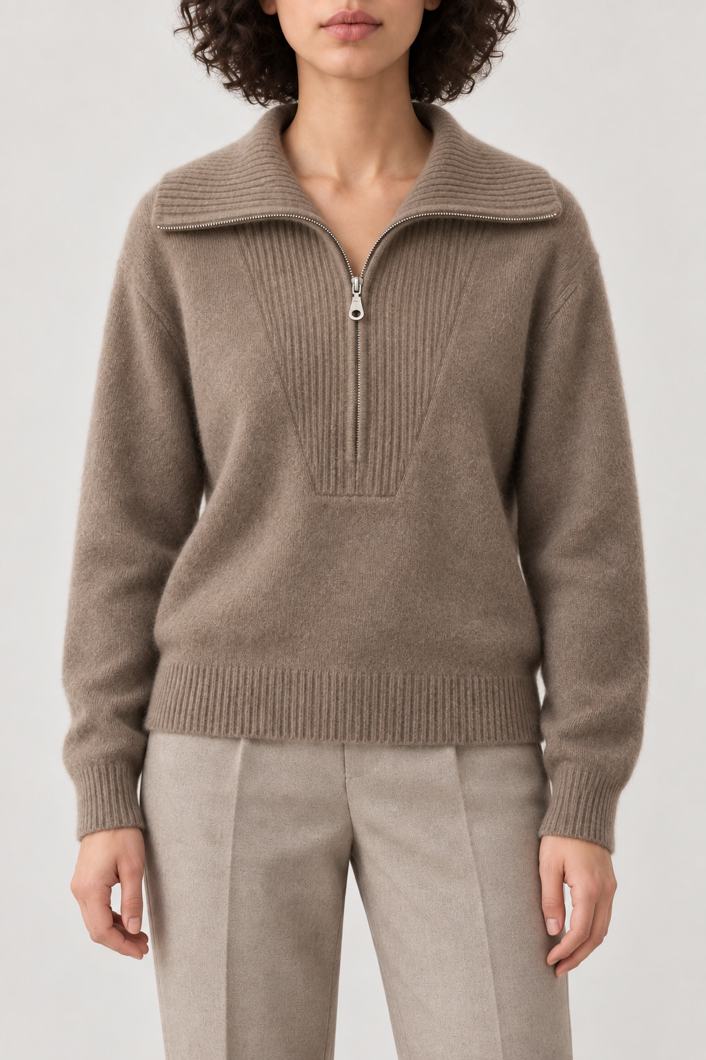 Cashmere Big-Collar Half-Zip Sweater, Taupe, front