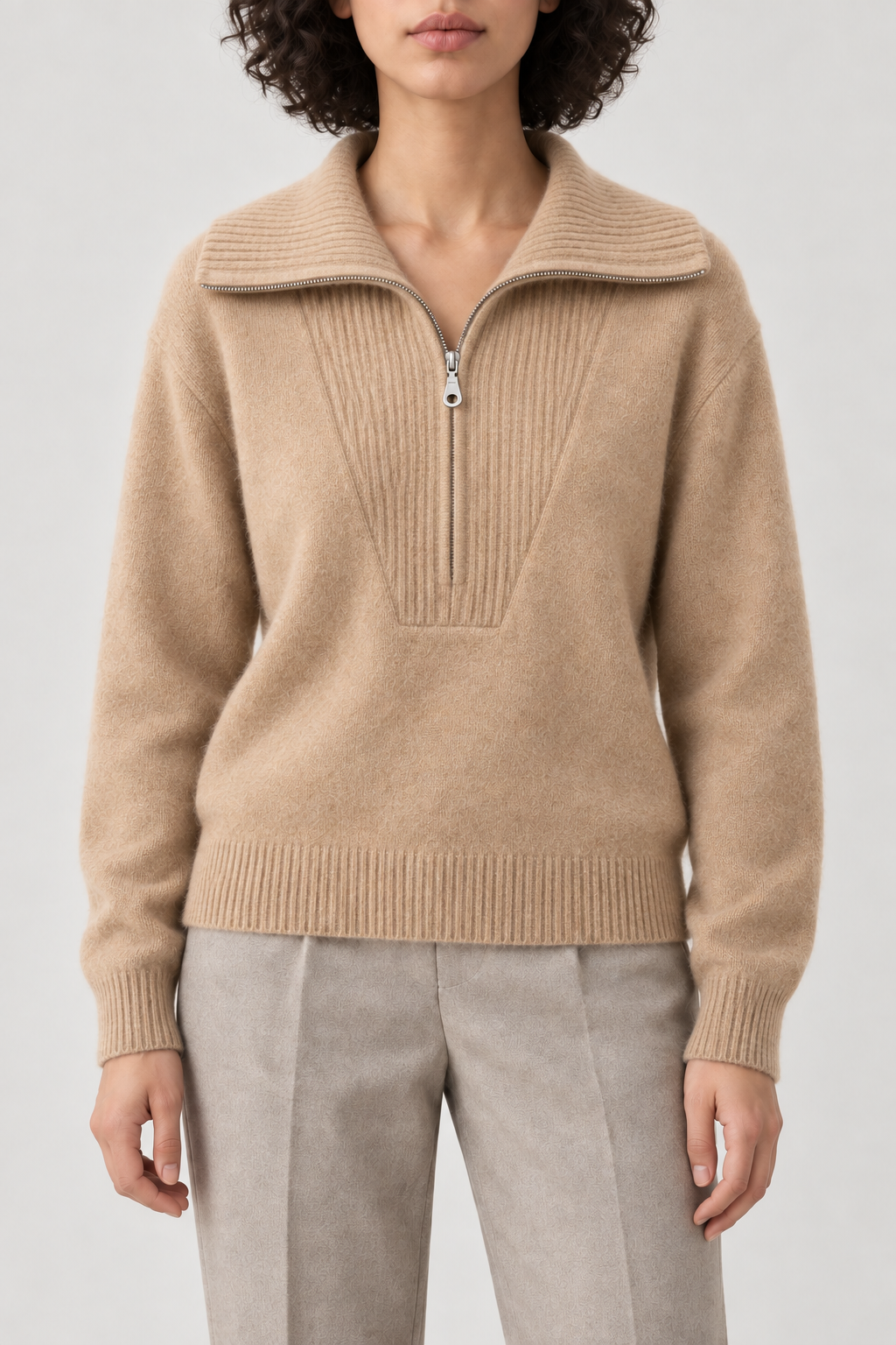 Cashmere Big-Collar Half-Zip Sweater, Camel, front