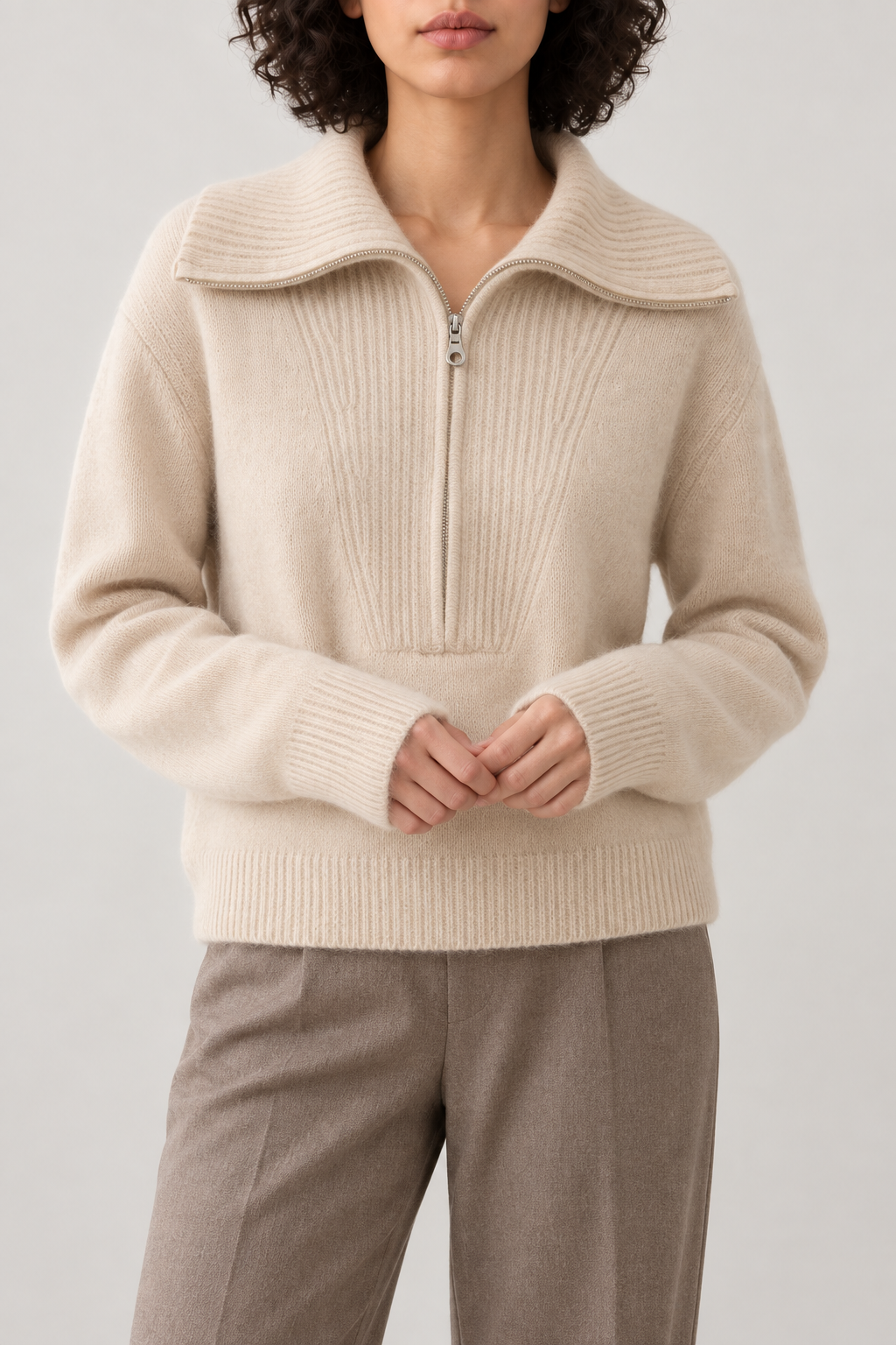 Cashmere Big-Collar Half-Zip Sweater, Oat Beige, front