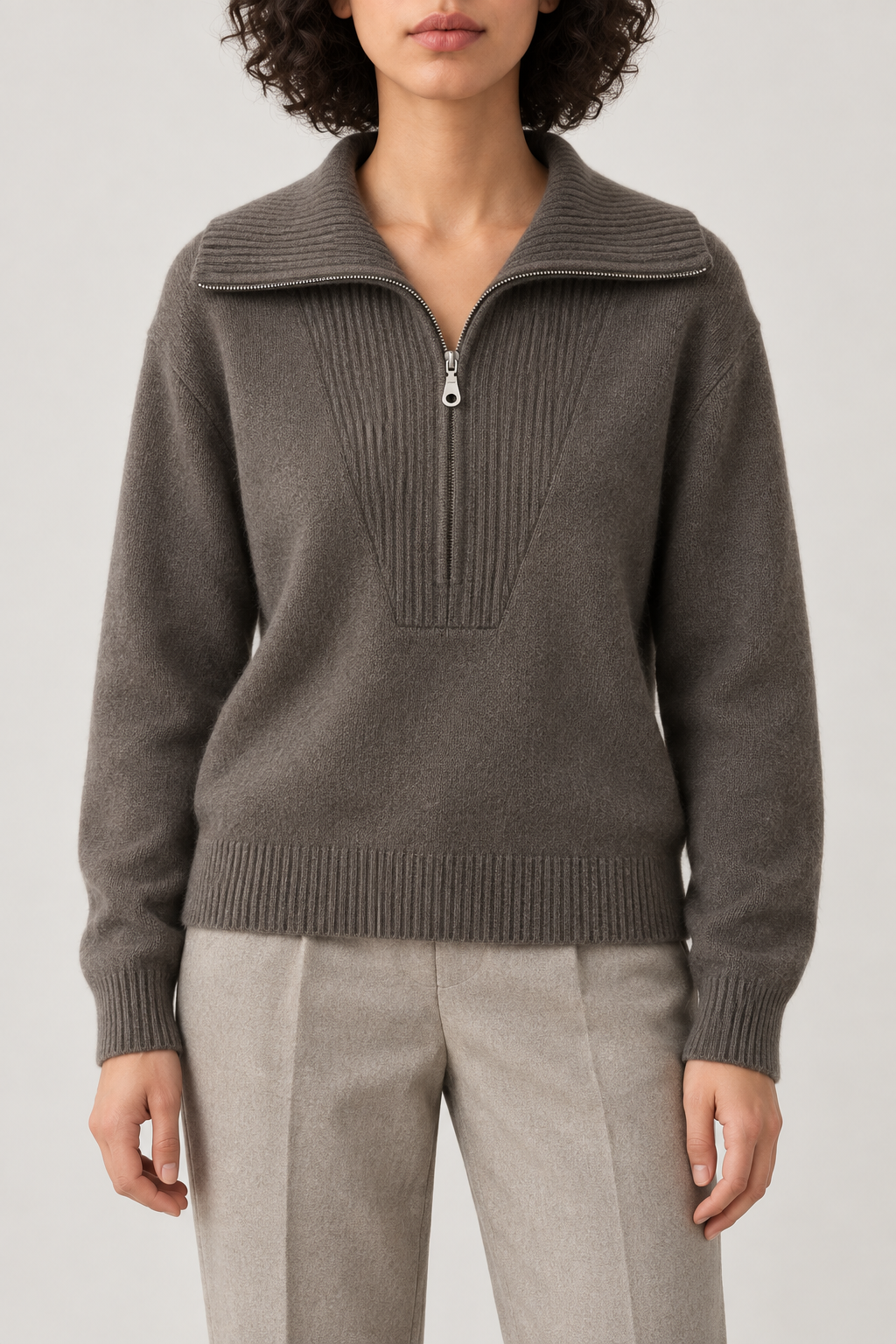 Cashmere Big-Collar Half-Zip Sweater, Flax Grey, front