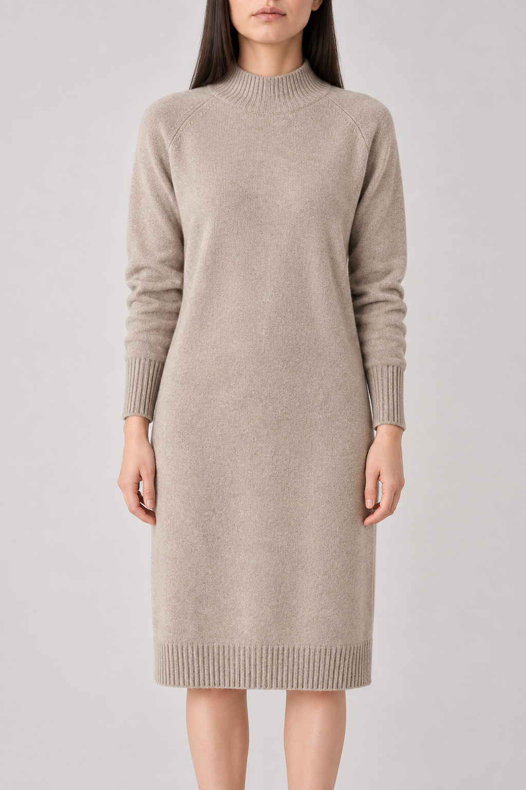 Cashmere Sweater Dress, Oat Taupe, front