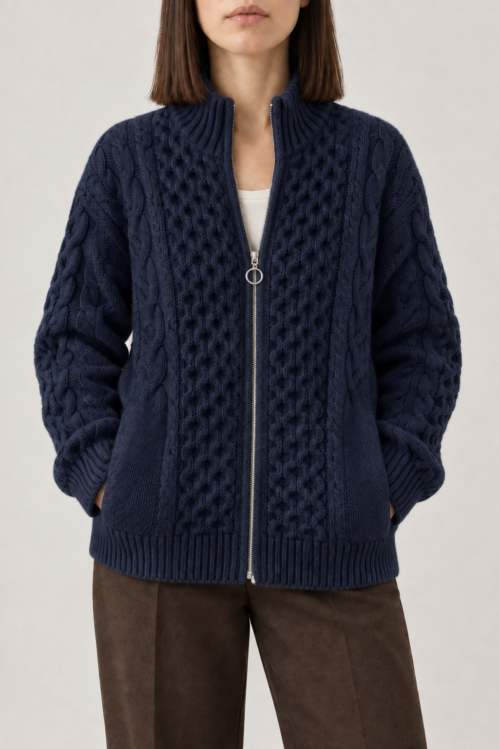 Aran Zip Cardigan, Navy, front